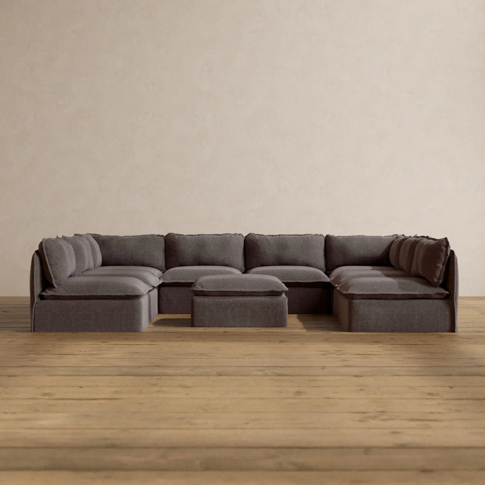 Modular Washable 8-Seater Open-Ends U-Sectional + Ottoman in Caviar | Deluxe+ Seat | Cloud Pillow