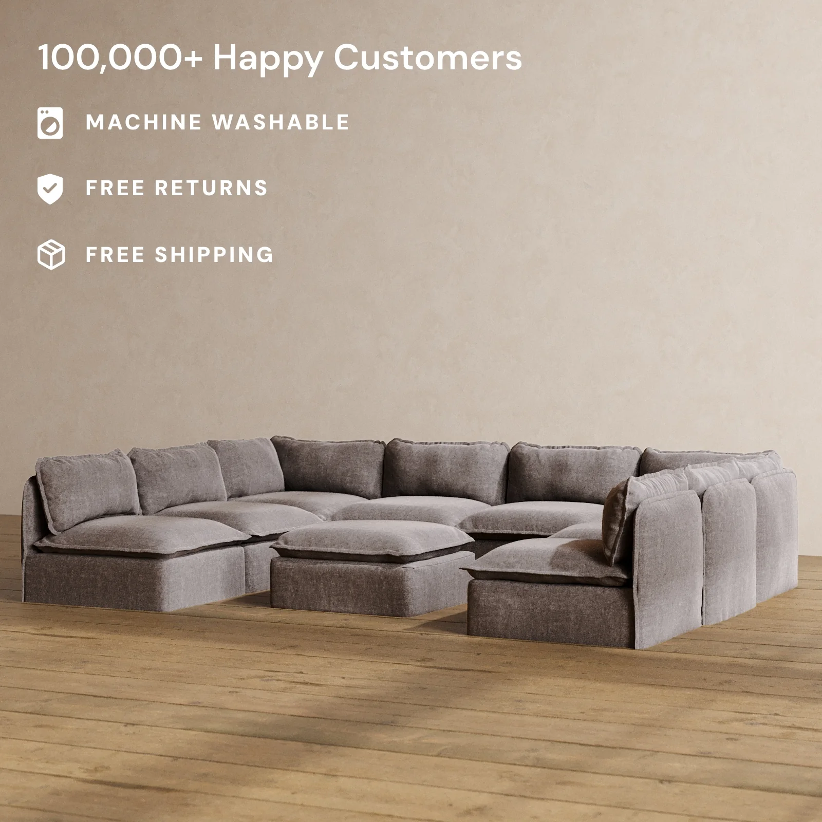Modular Washable 8-Seater Open-Ends U-Sectional + Ottoman in Caviar | Memorix+ Seat | Contour Pillow - Image 2