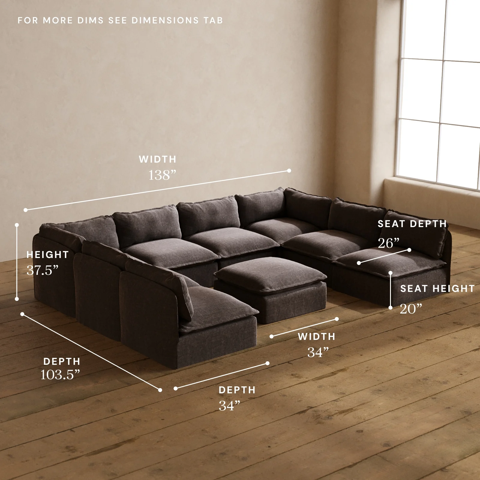Modular Washable 8-Seater Open-Ends U-Sectional + Ottoman in Caviar | Memorix+ Seat | Contour Pillow - Image 5