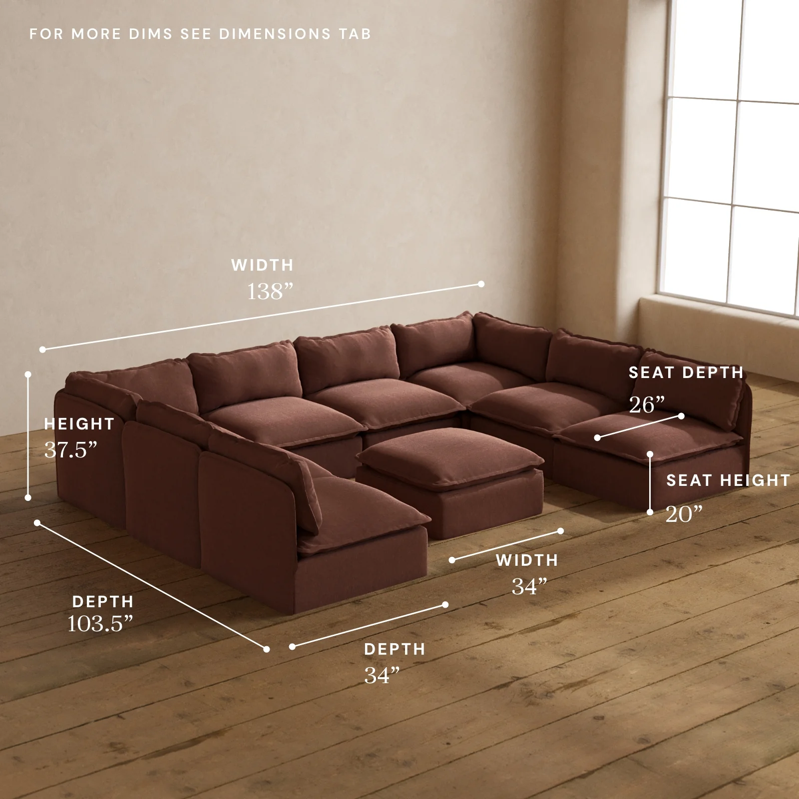 Modular Washable 8-Seater Open-Ends U-Sectional + Ottoman in Chestnut | Deluxe+ Seat | Cloud Pillow - Image 5