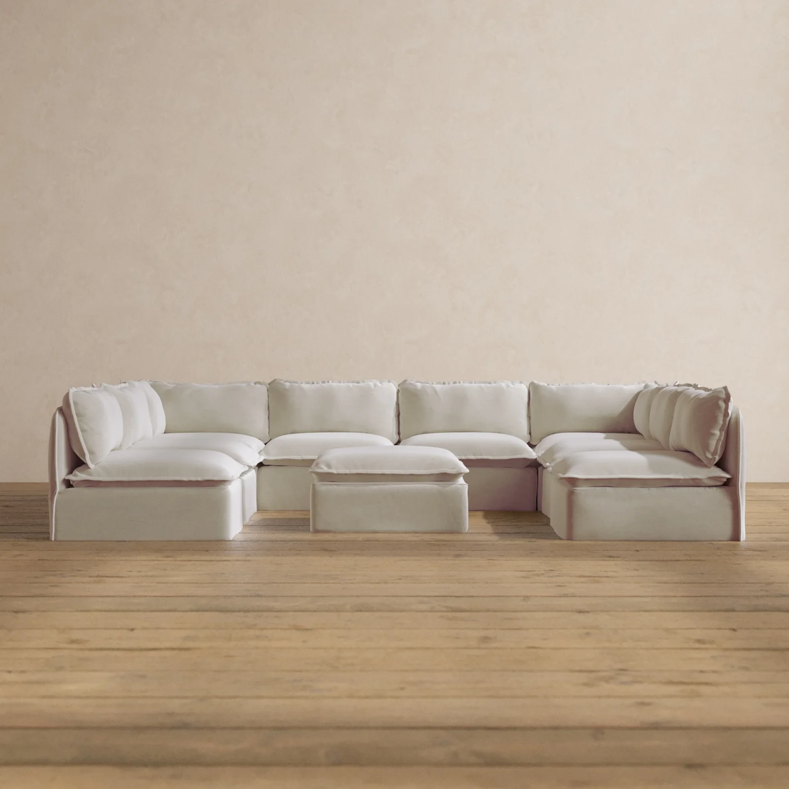 Modular Washable 8-Seater Open-Ends U-Sectional + Ottoman in Coco | Memorix+ Seat | Contour Pillow