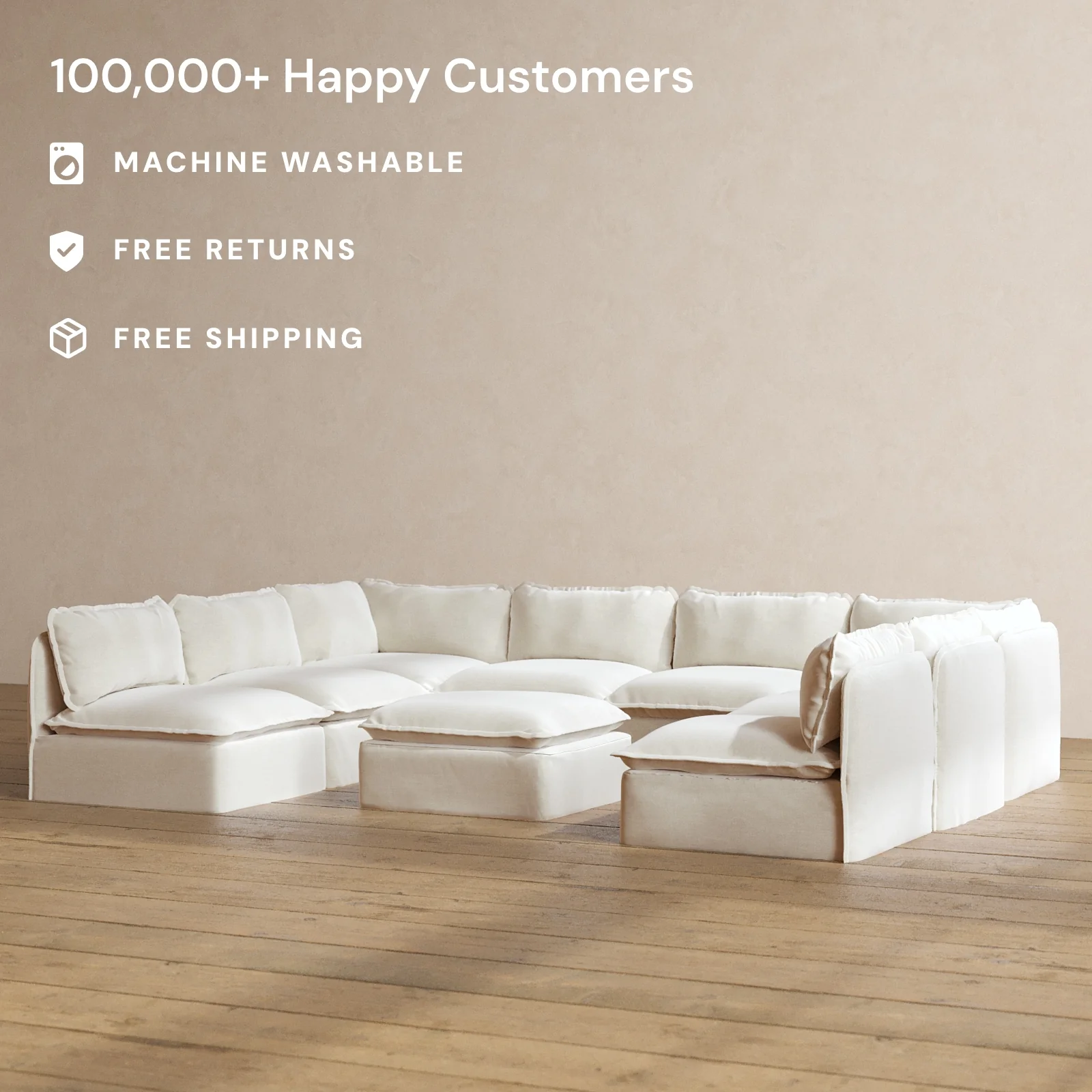 Modular Washable 8-Seater Open-Ends U-Sectional + Ottoman in Coco | Memorix+ Seat | Contour Pillow - Image 2