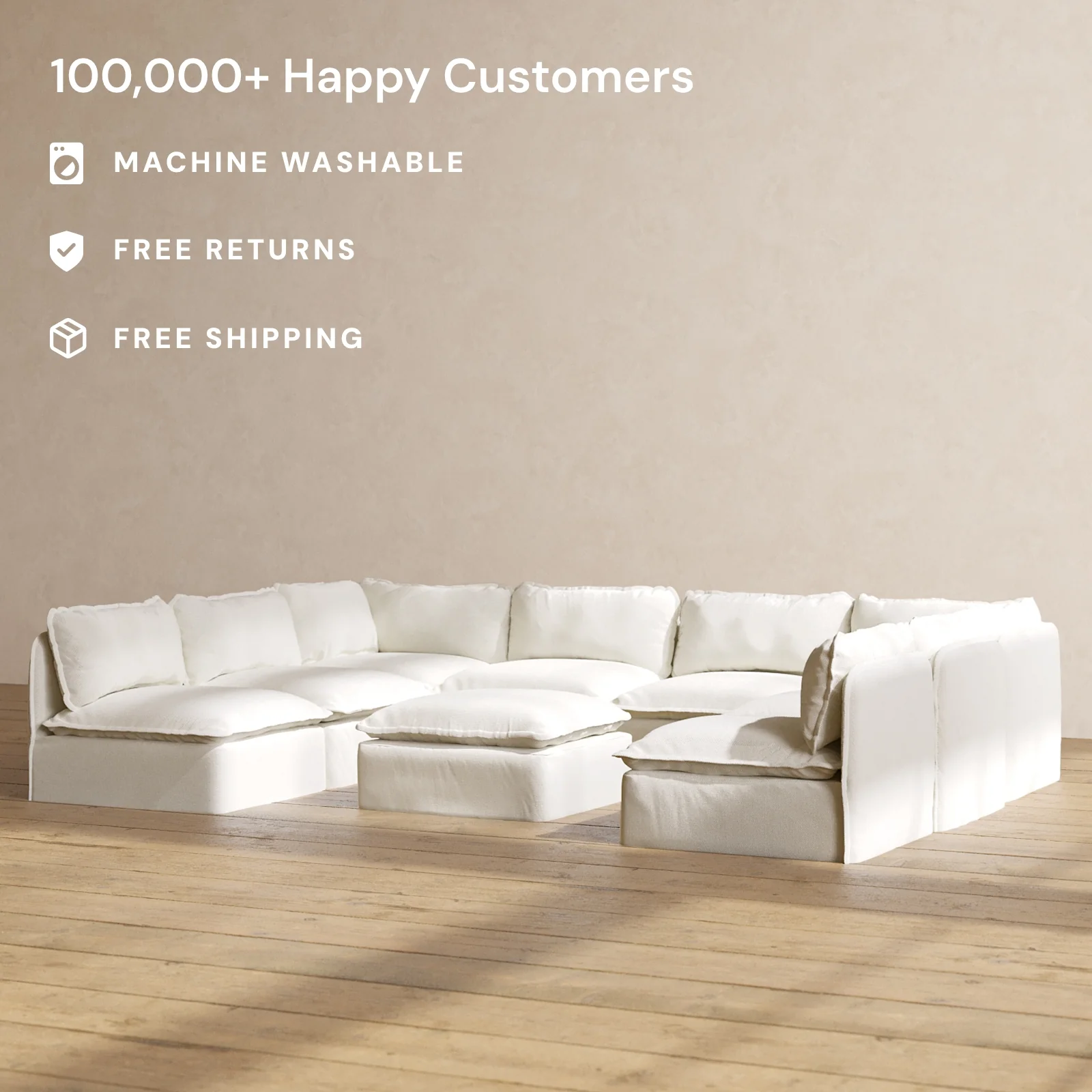 Modular Washable 8-Seater Open-Ends U-Sectional + Ottoman in Eggshell | Deluxe+ Seat | Cloud Pillow - Image 2