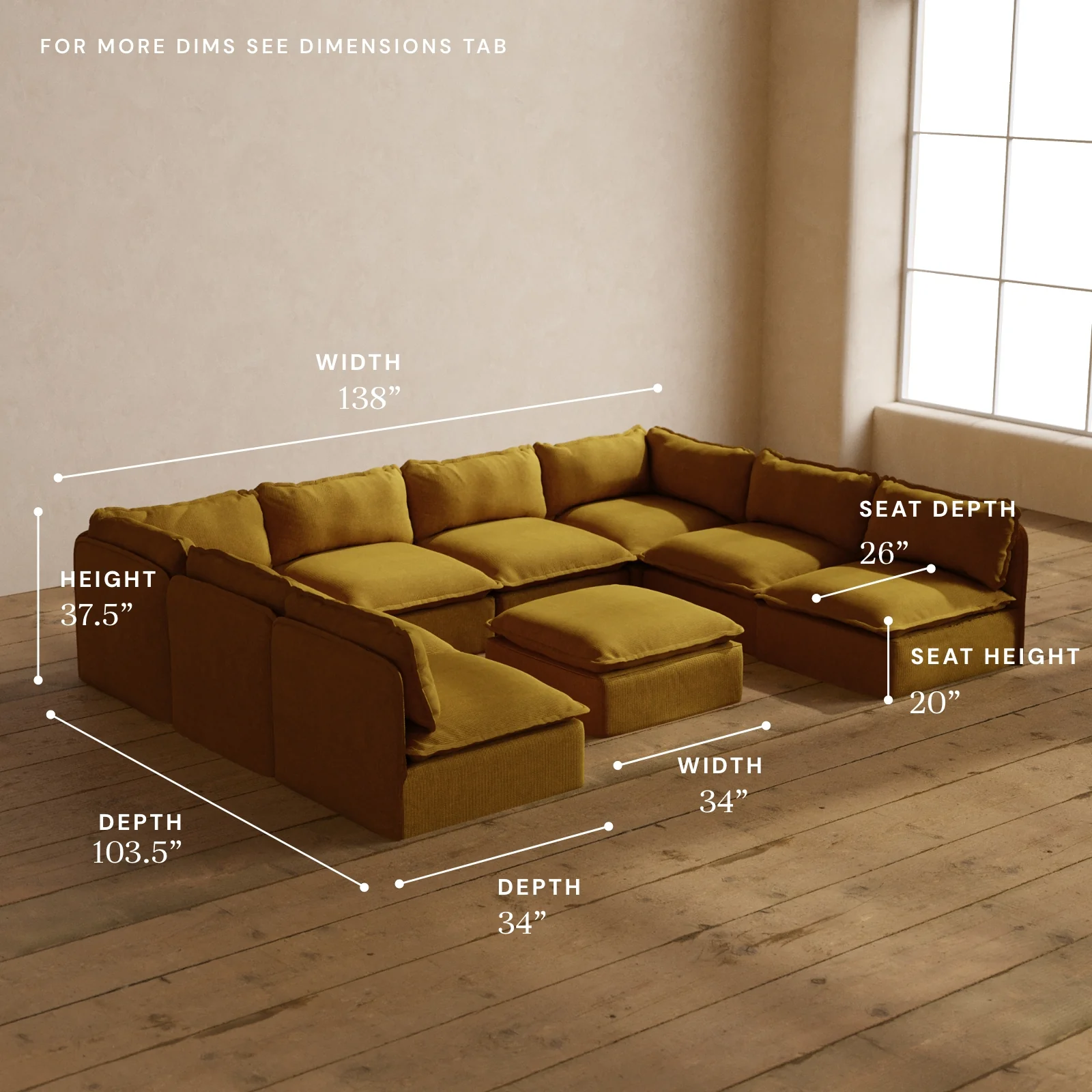 Modular Washable 8-Seater Open-Ends U-Sectional + Ottoman in Kiiro | Deluxe+ Seat | Cloud Pillow - Image 5