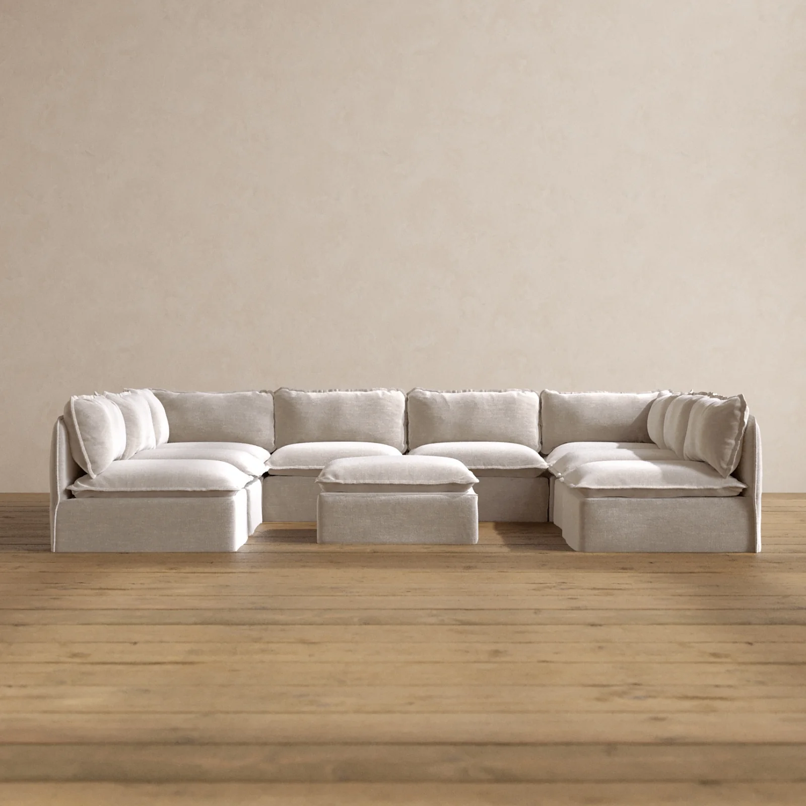 Modular Washable 8-Seater Open-Ends U-Sectional + Ottoman in Mist | Deluxe+ Seat | Cloud Pillow