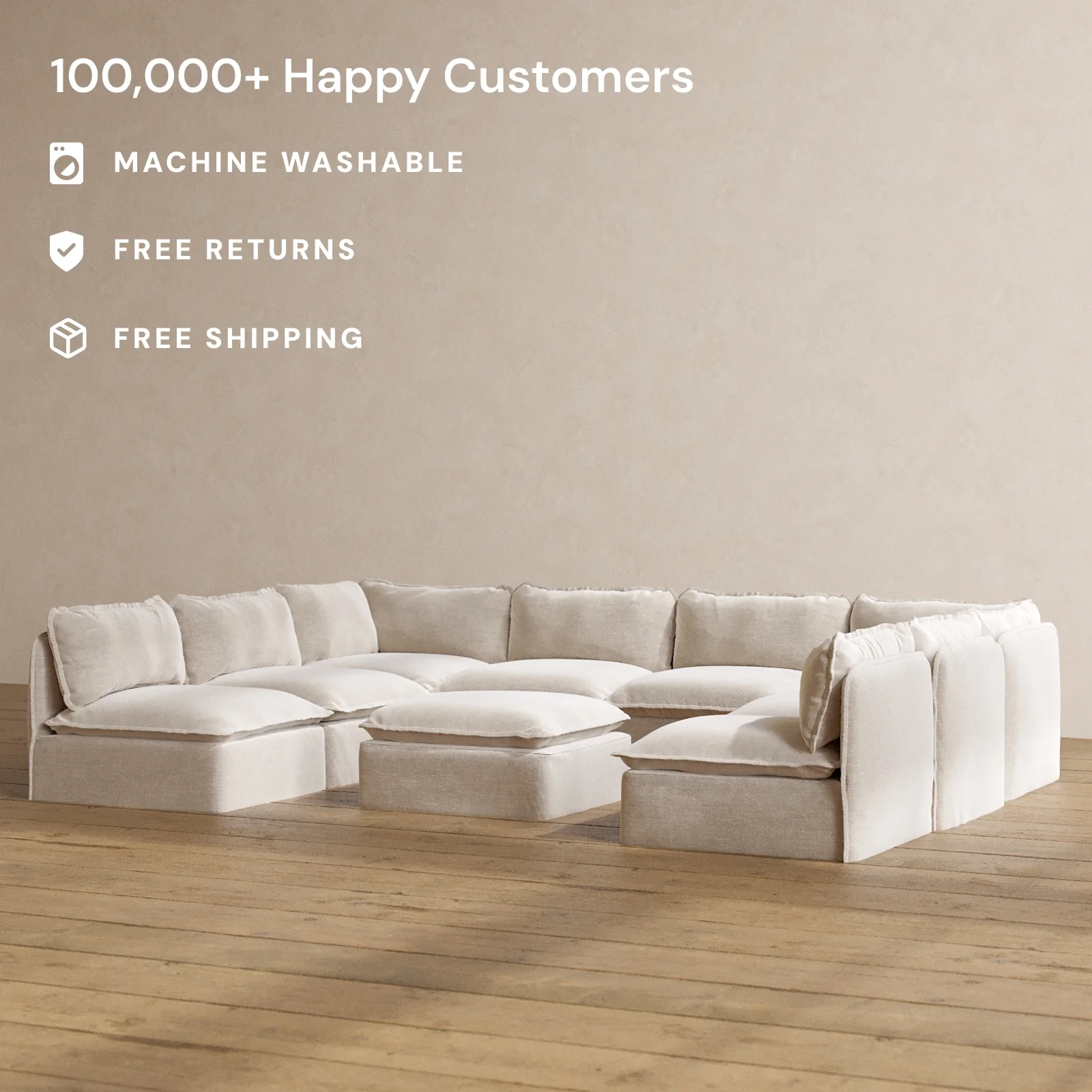 Modular Washable 8-Seater Open-Ends U-Sectional + Ottoman in Mist | Deluxe+ Seat | Cloud Pillow - Image 2