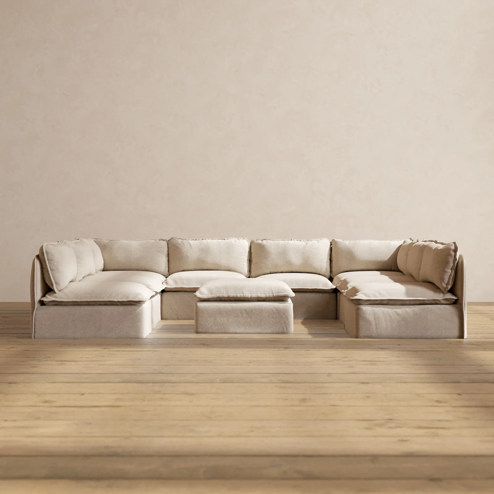 Modular Washable 8-Seater Open-Ends U-Sectional + Ottoman in Oat | Memorix+ Seat | Contour Pillow