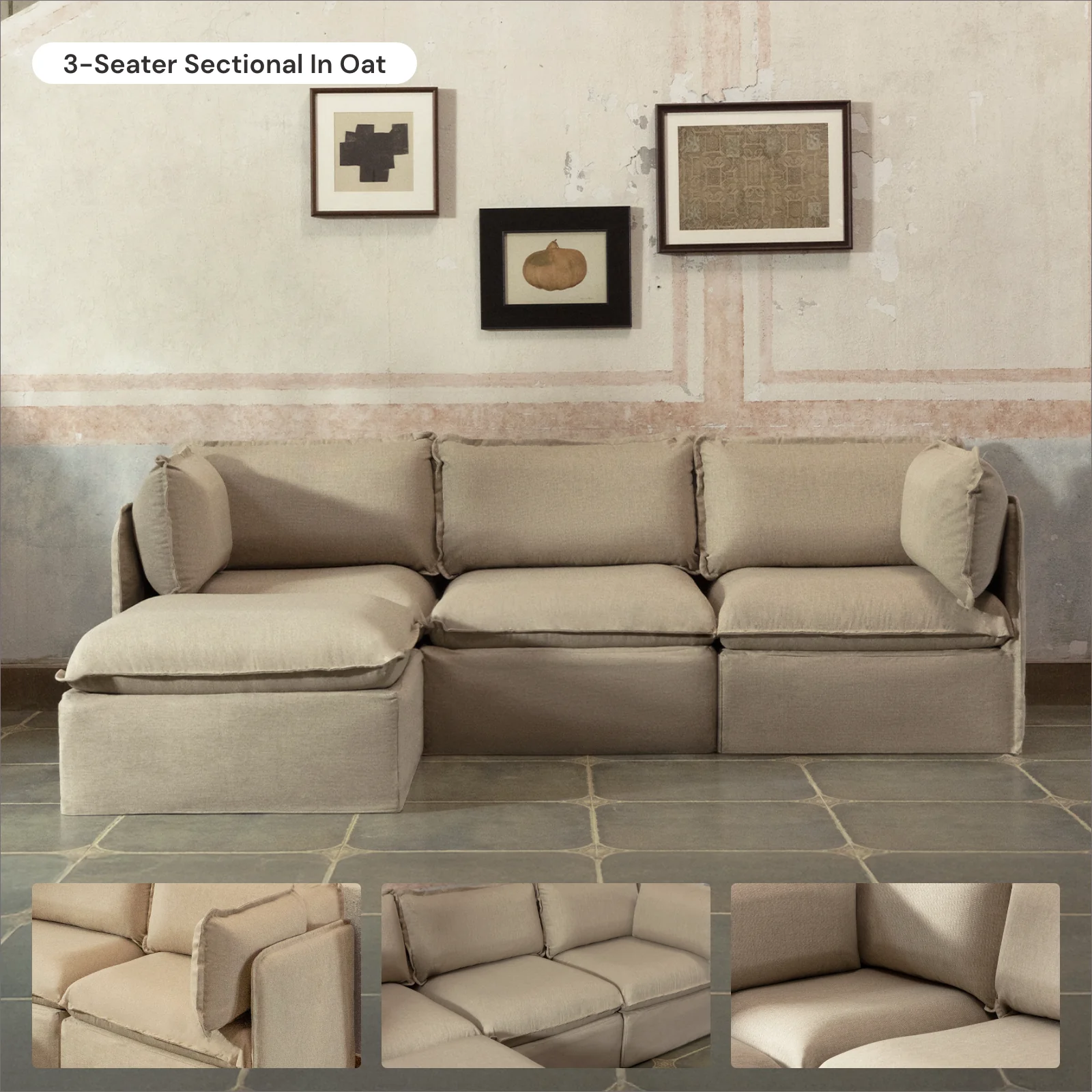 Modular Washable 8-Seater Open-Ends U-Sectional + Ottoman in Oat | Memorix+ Seat | Contour Pillow - Image 7