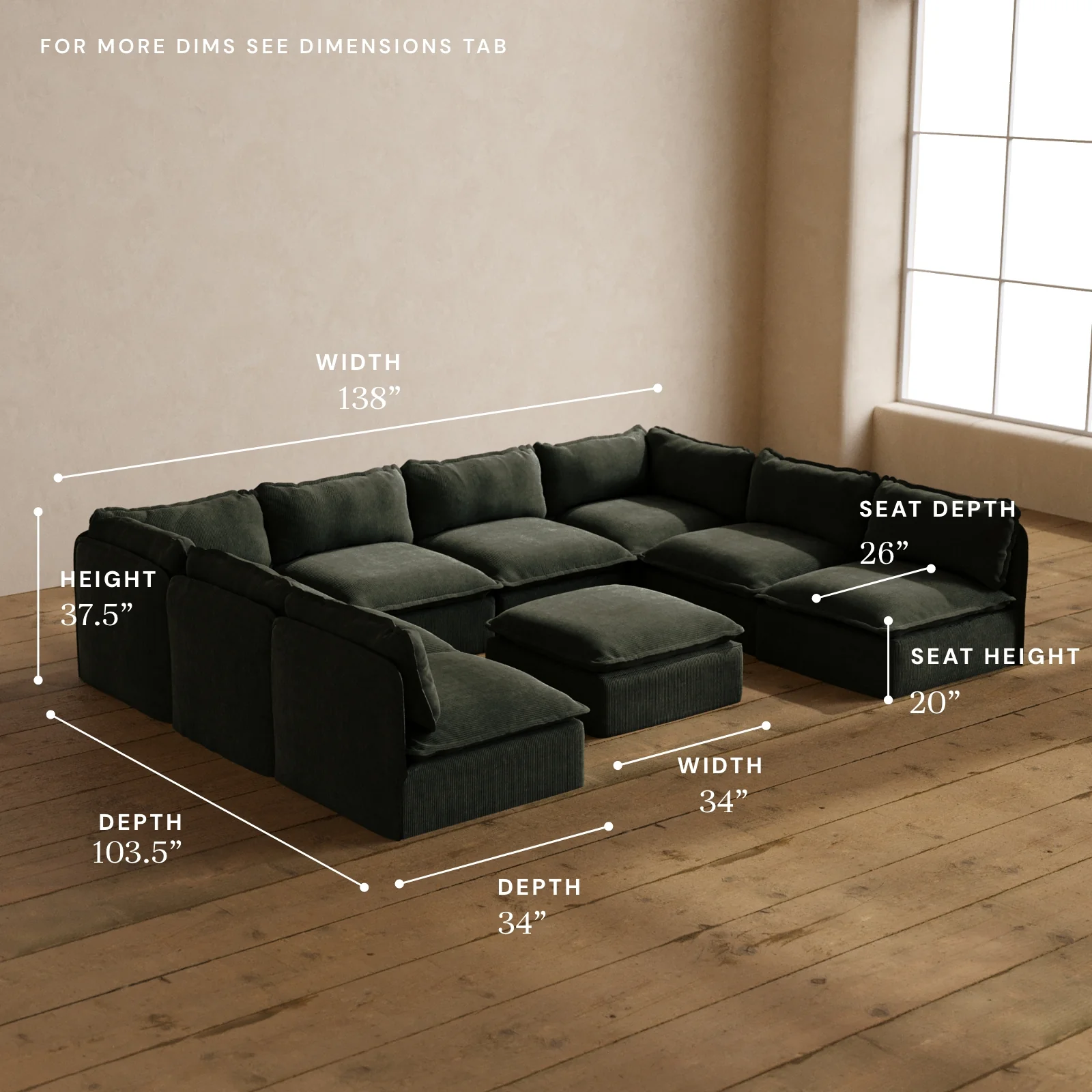 Modular Washable 8-Seater Open-Ends U-Sectional + Ottoman in Olivine | Memorix+ Seat | Contour Pillow - Image 5
