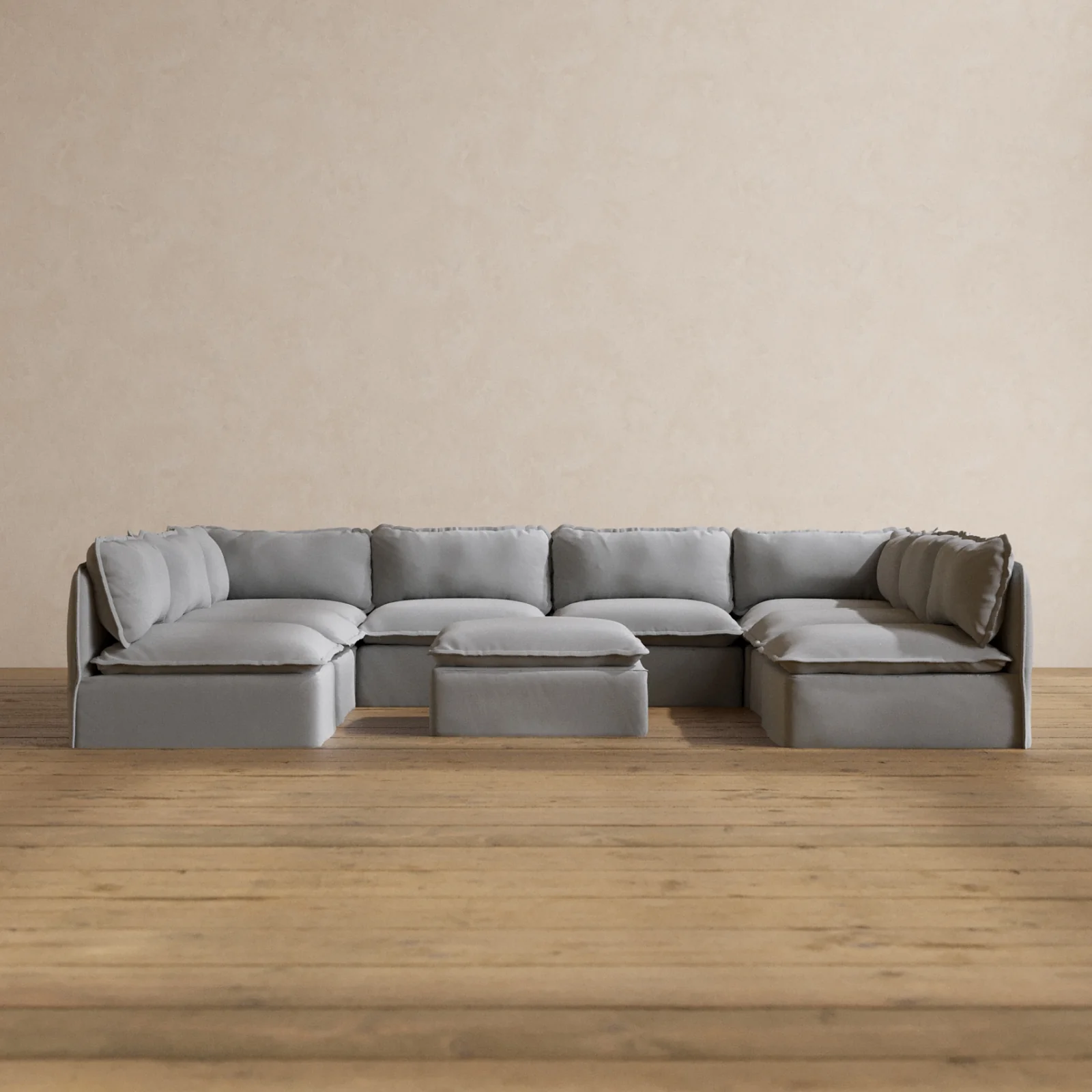 Modular Washable 8-Seater Open-Ends U-Sectional + Ottoman in Pumice | Deluxe+ Seat | Cloud Pillow