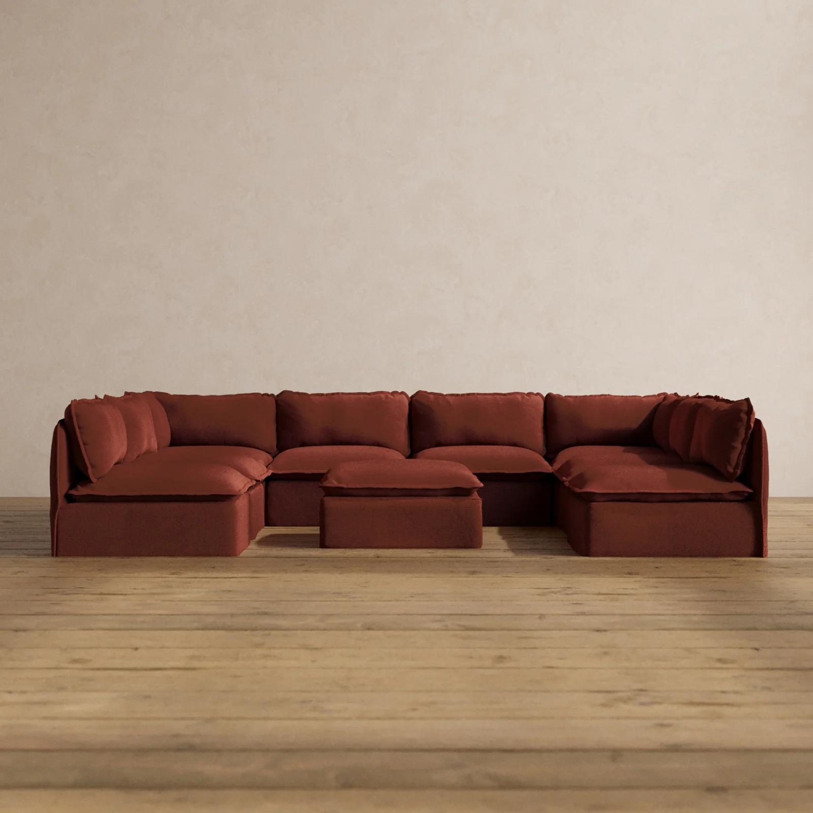 Modular Washable 8-Seater Open-Ends U-Sectional + Ottoman in Rust | Deluxe+ Seat | Cloud Pillow