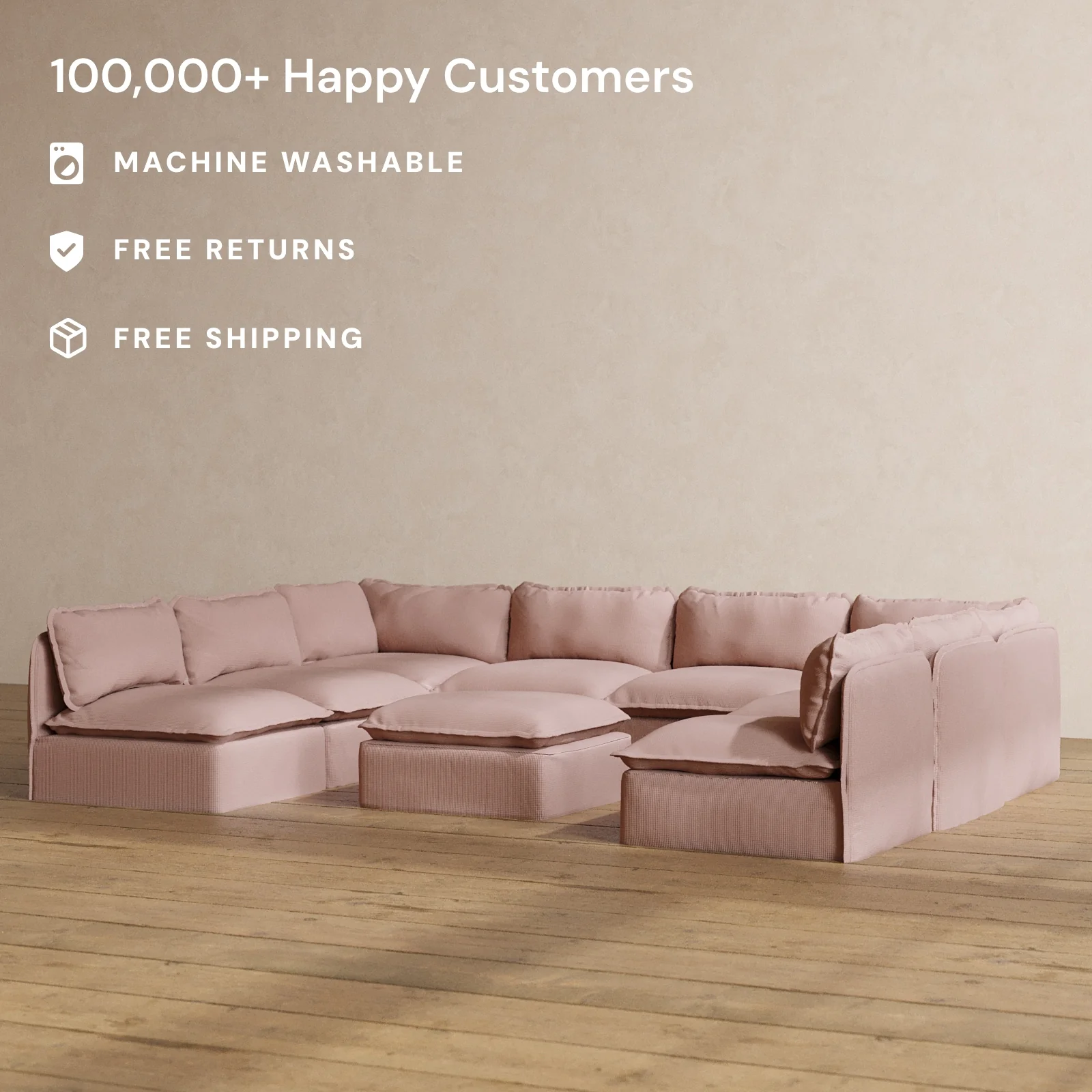 Modular Washable 8-Seater Open-Ends U-Sectional + Ottoman in Sakura | Memorix+ Seat | Contour Pillow - Image 2