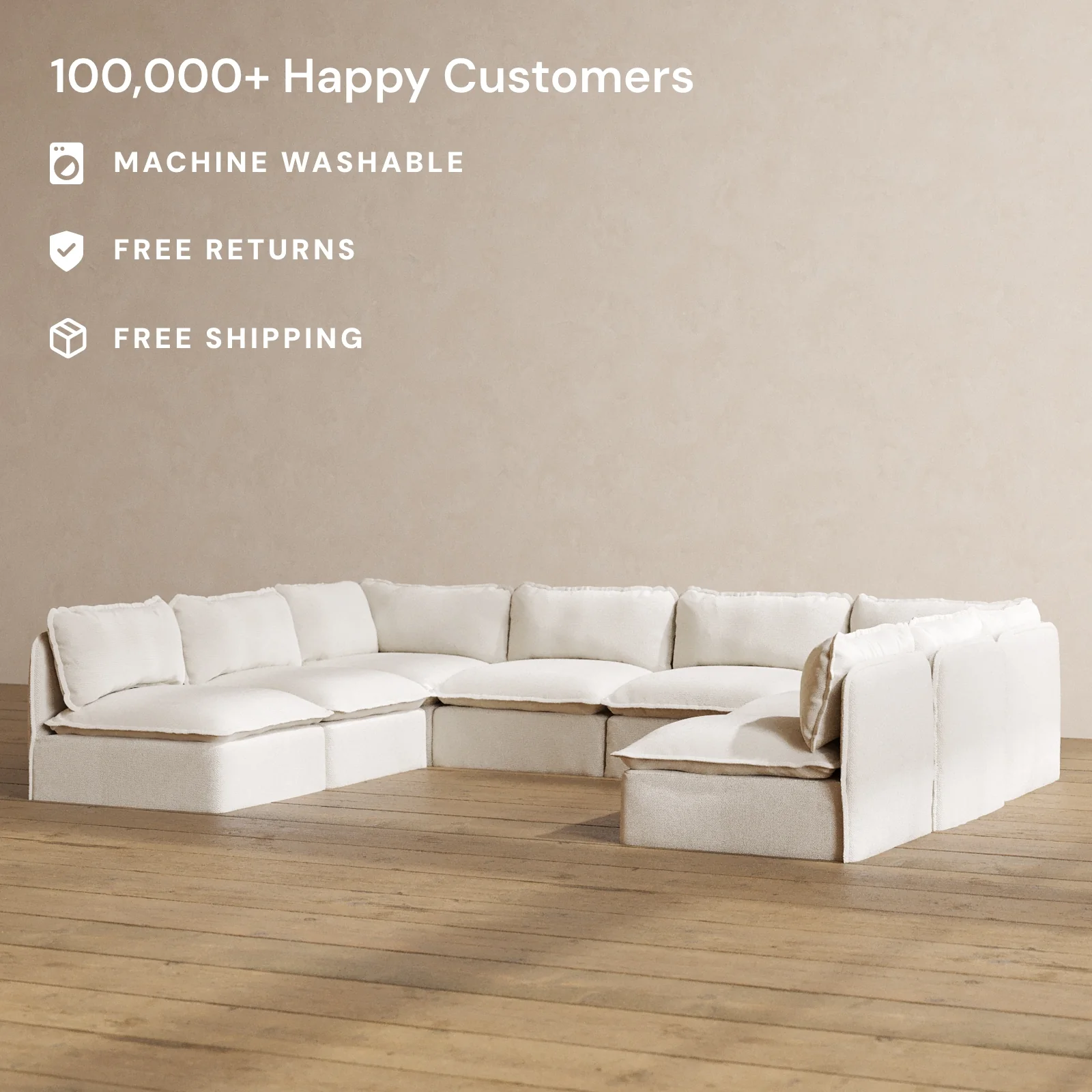 Modular Washable 8-Seater Open-Ends U-Sectional in Powder | Deluxe+ Seat | Cloud Pillow - Image 2