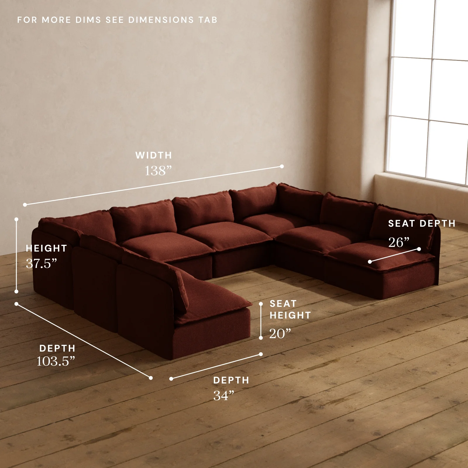Modular Washable 8-Seater Open-Ends U-Sectional in Rust | Deluxe+ Seat | Cloud Pillow - Image 5