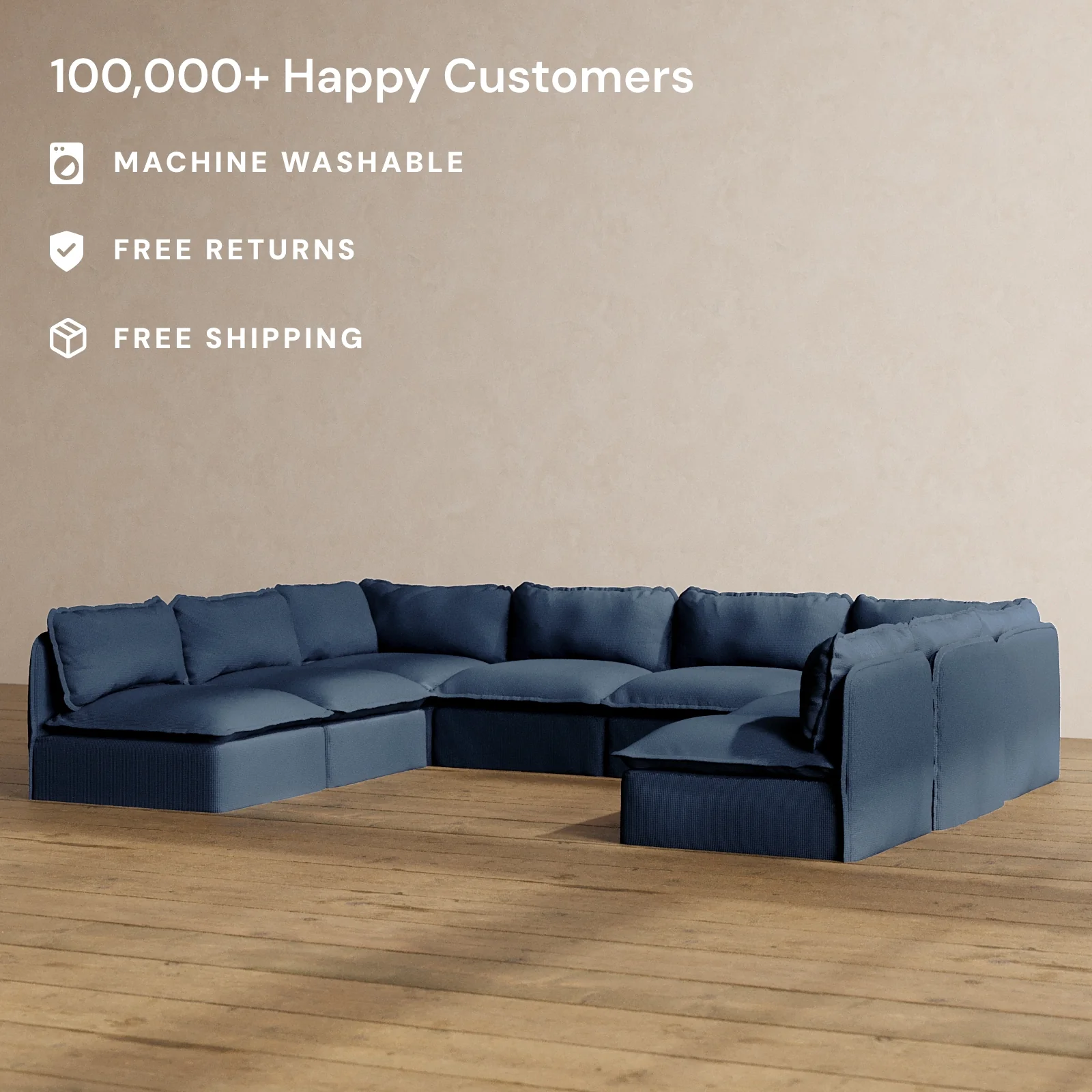 Modular Washable 8-Seater Open-Ends U-Sectional in Sumi | Deluxe+ Seat | Cloud Pillow - Image 2