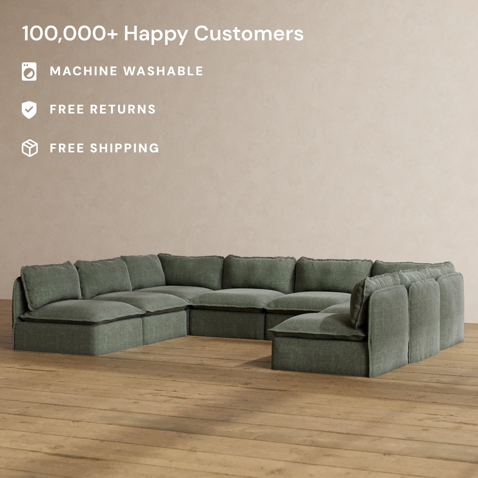 Modular Washable 8-Seater Open-Ends U-Sectional in Willow | Deluxe+ Seat | Cloud Pillow - Image 2