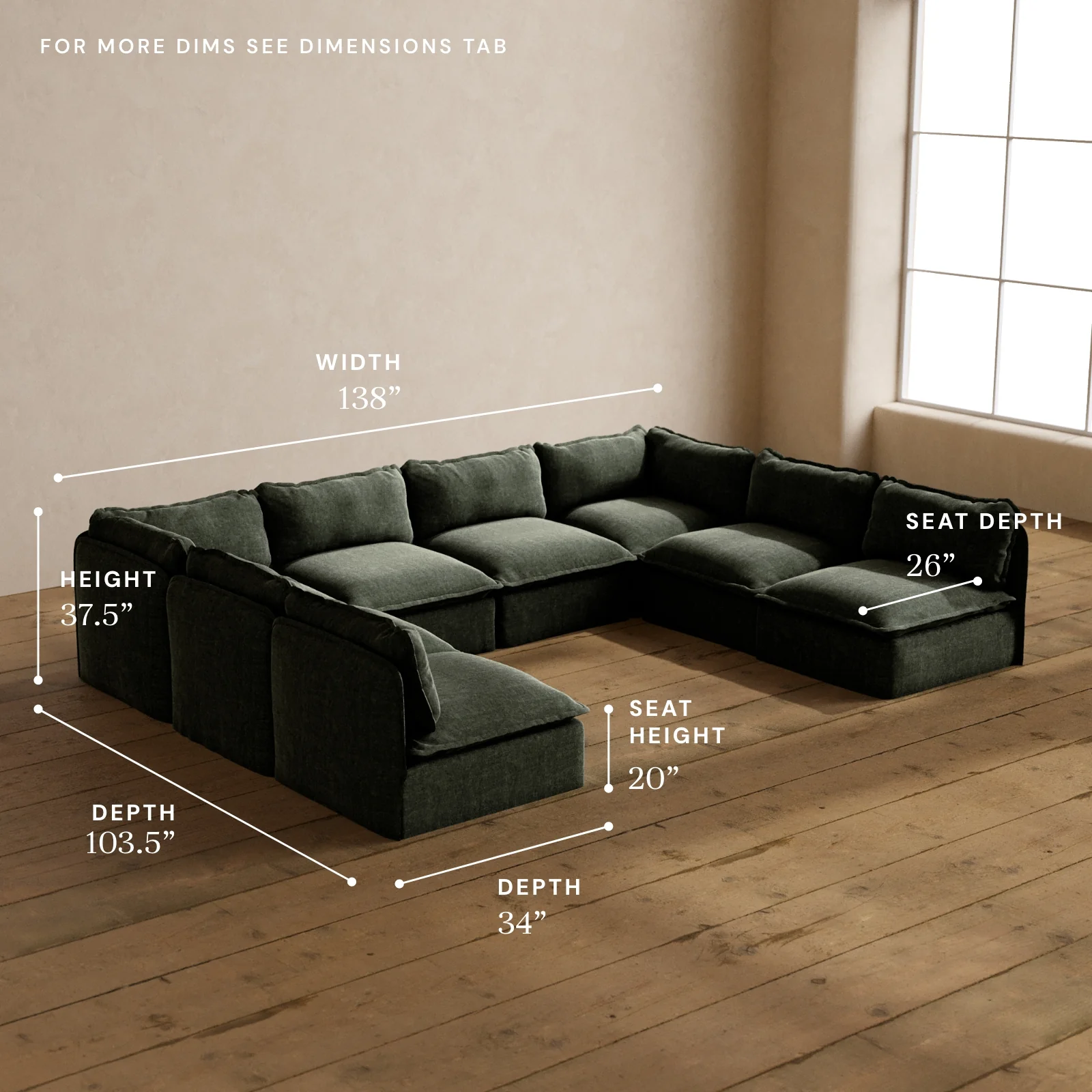 Modular Washable 8-Seater Open-Ends U-Sectional in Willow | Deluxe+ Seat | Cloud Pillow - Image 5