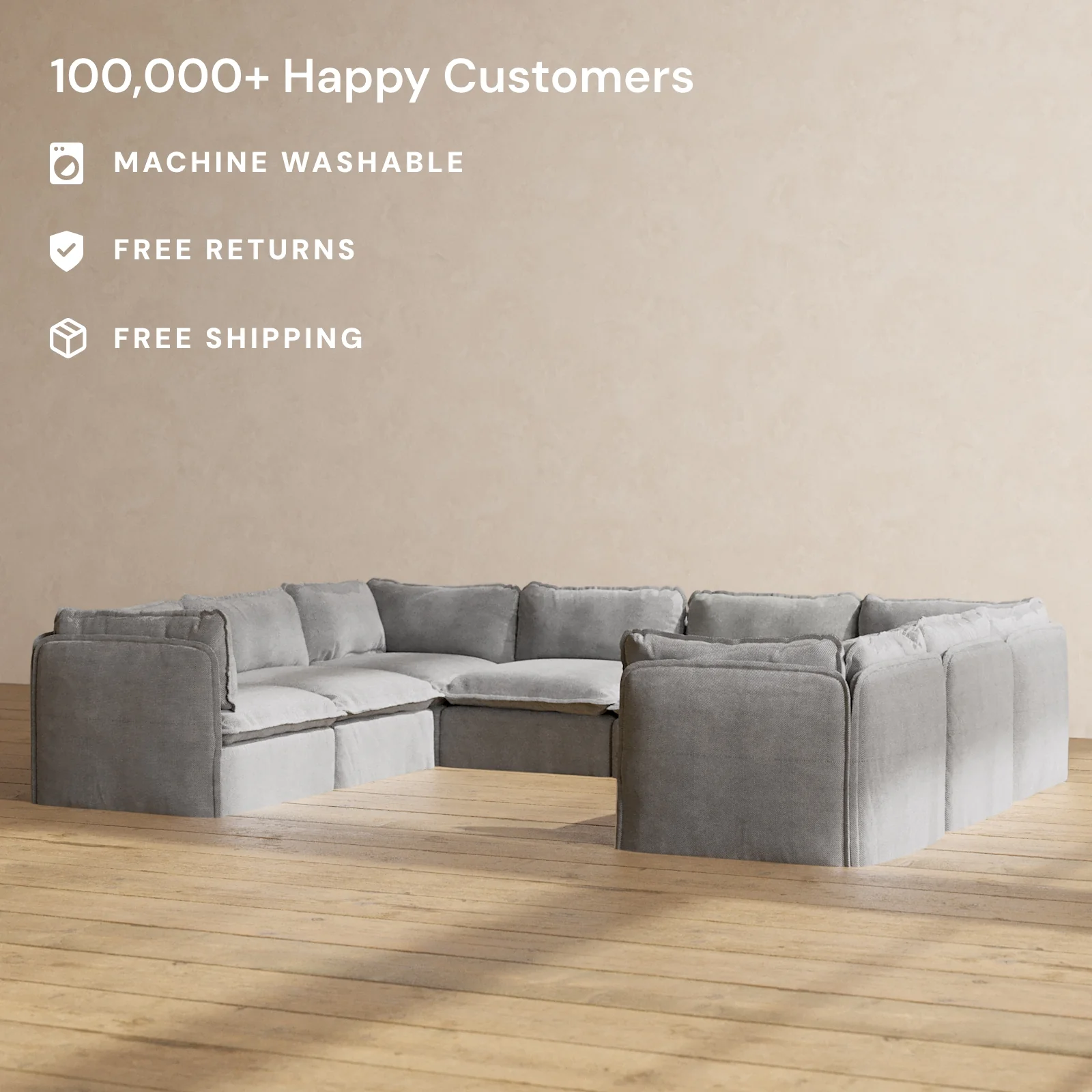 Modular Washable 8-Seater U-Sectional in Ash | Deluxe+ Seat | Cloud Pillow - Image 2