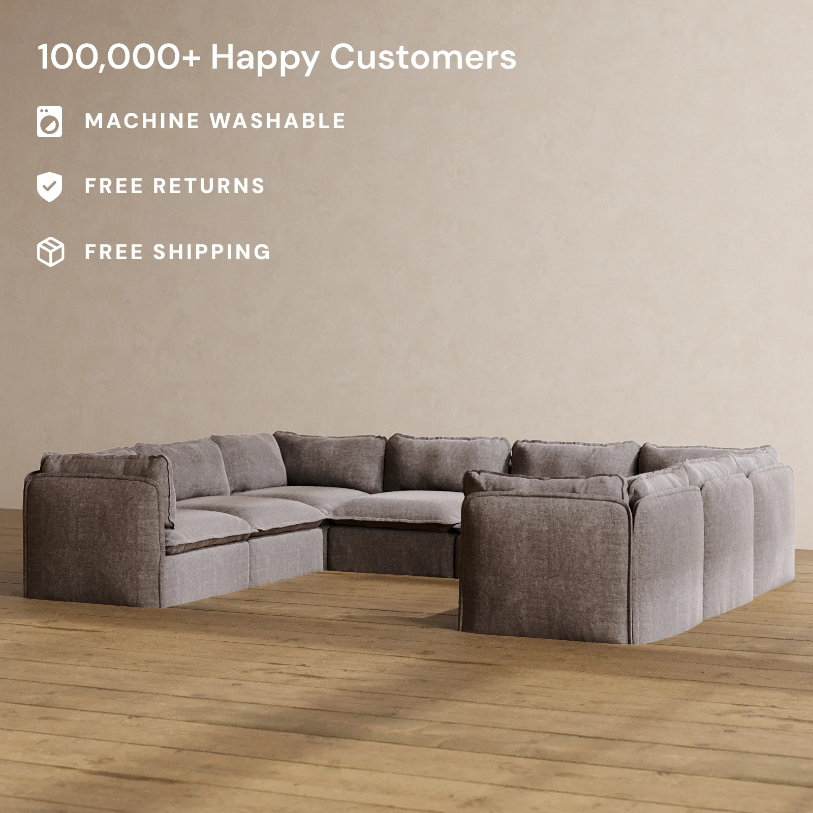 Modular Washable 8-Seater U-Sectional in Caviar | Deluxe+ Seat | Cloud Pillow - Image 2