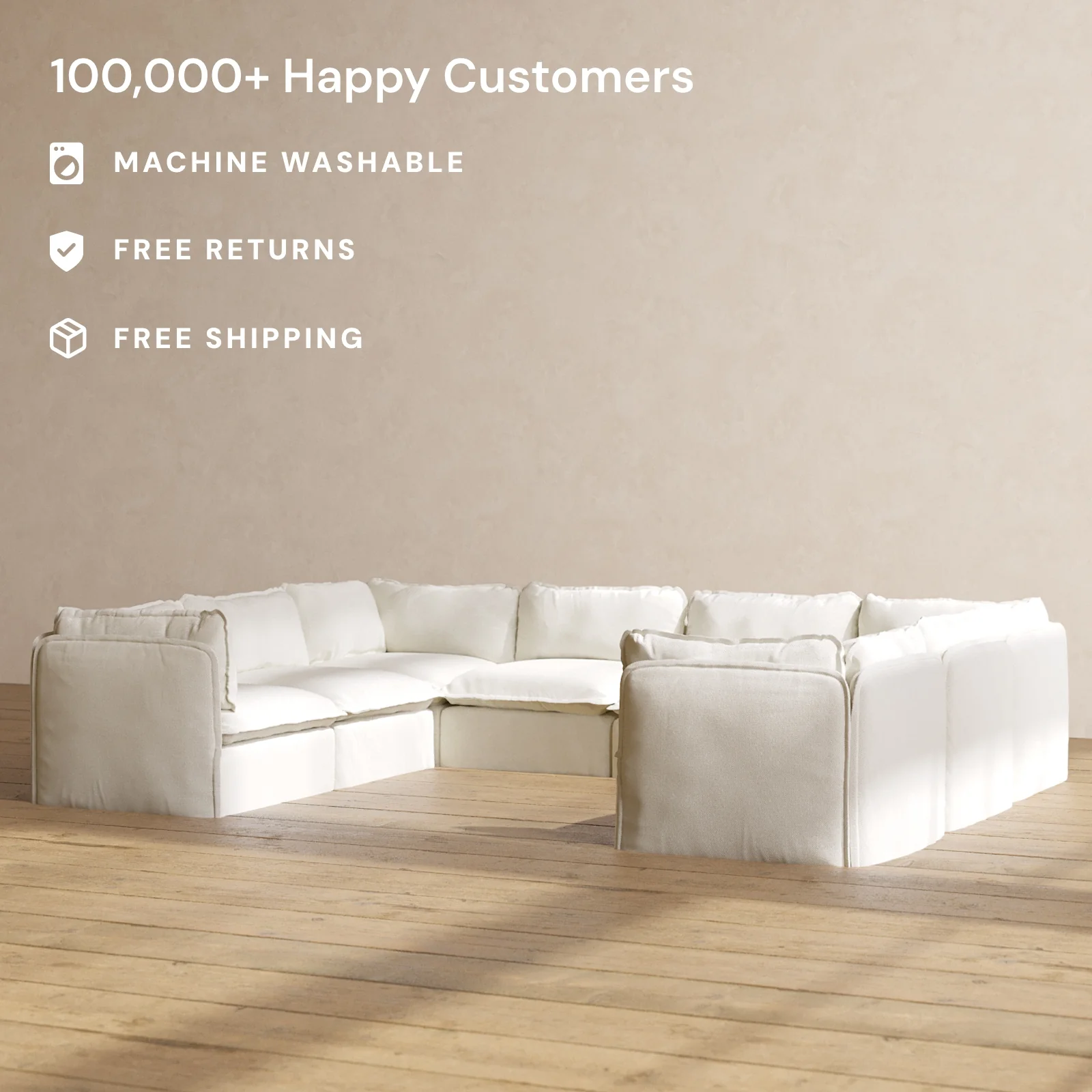 Modular Washable 8-Seater U-Sectional in Eggshell | Memorix+ Seat | Contour Pillow - Image 2