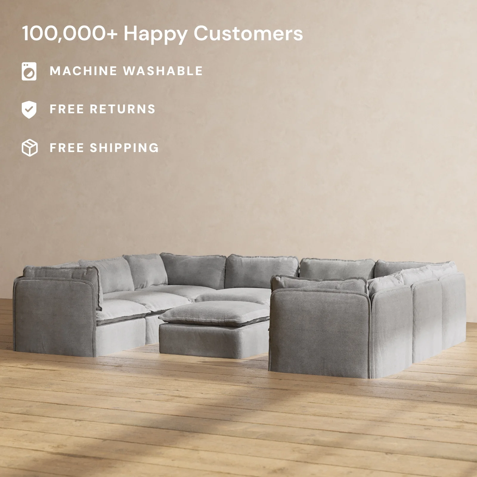 Modular Washable 8-Seater U-Sectional + Ottoman in Ash | Memorix+ Seat | Contour Pillow - Image 2