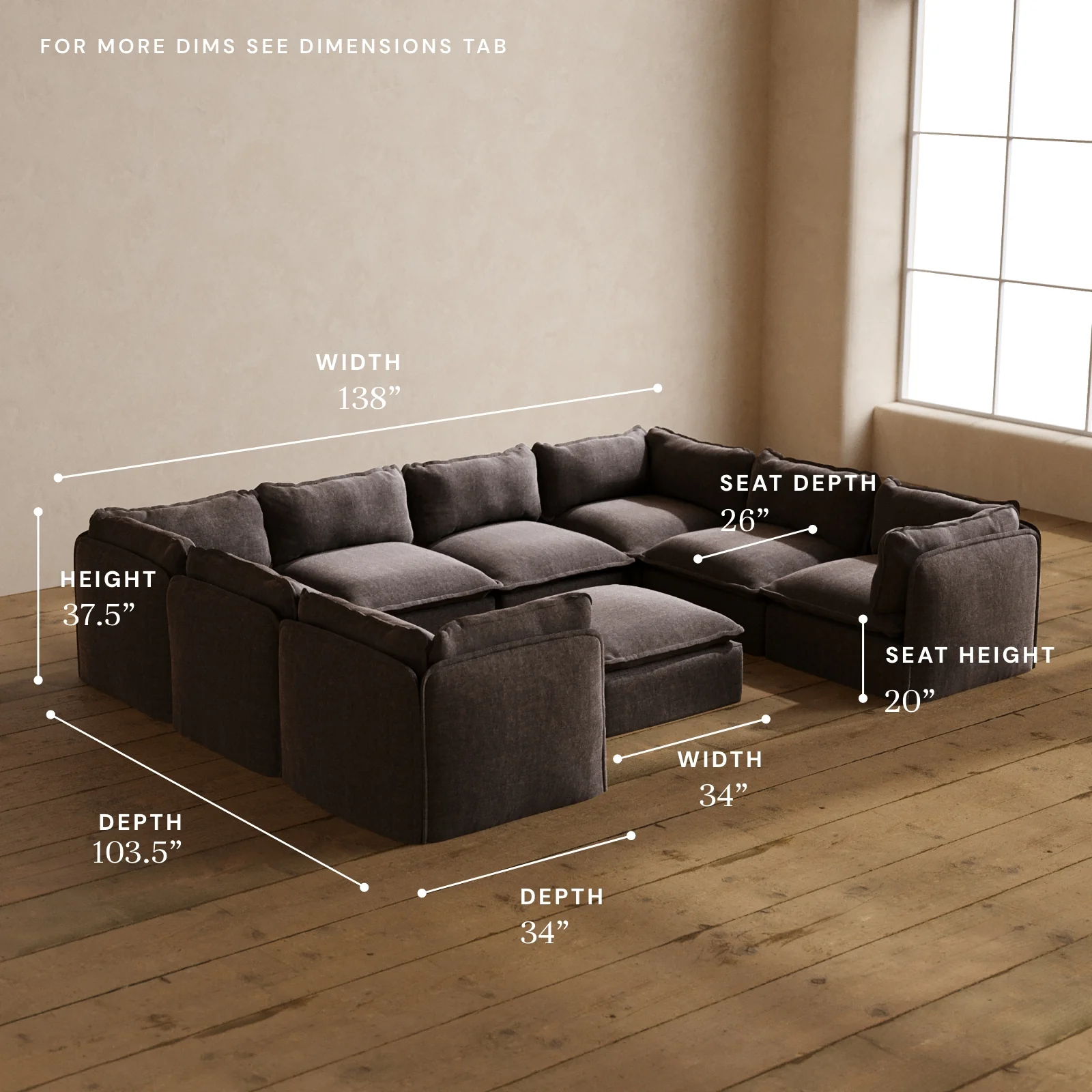 Modular Washable 8-Seater U-Sectional + Ottoman in Caviar | Deluxe+ Seat | Cloud Pillow - Image 5