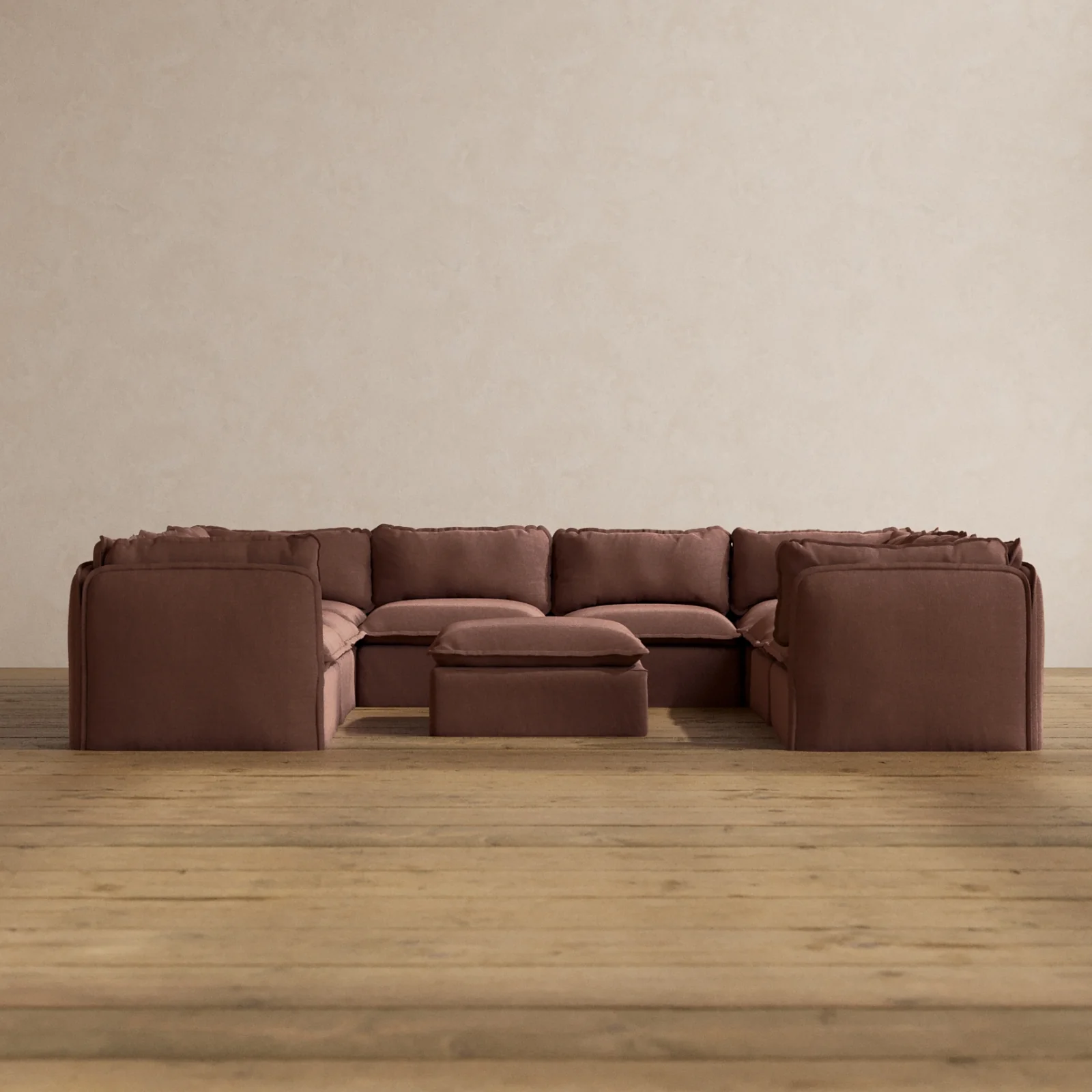 Modular Washable 8-Seater U-Sectional + Ottoman in Chestnut | Deluxe+ Seat | Cloud Pillow