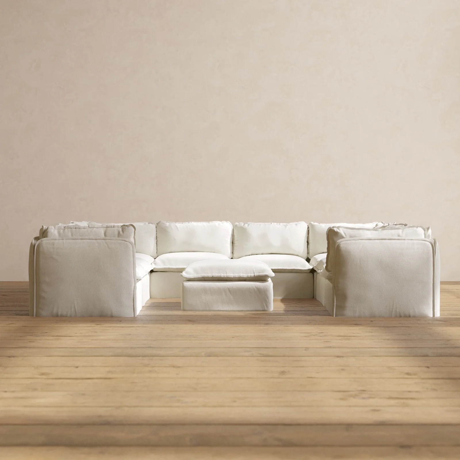 Modular Washable 8-Seater U-Sectional + Ottoman in Eggshell | Memorix+ Seat | Contour Pillow