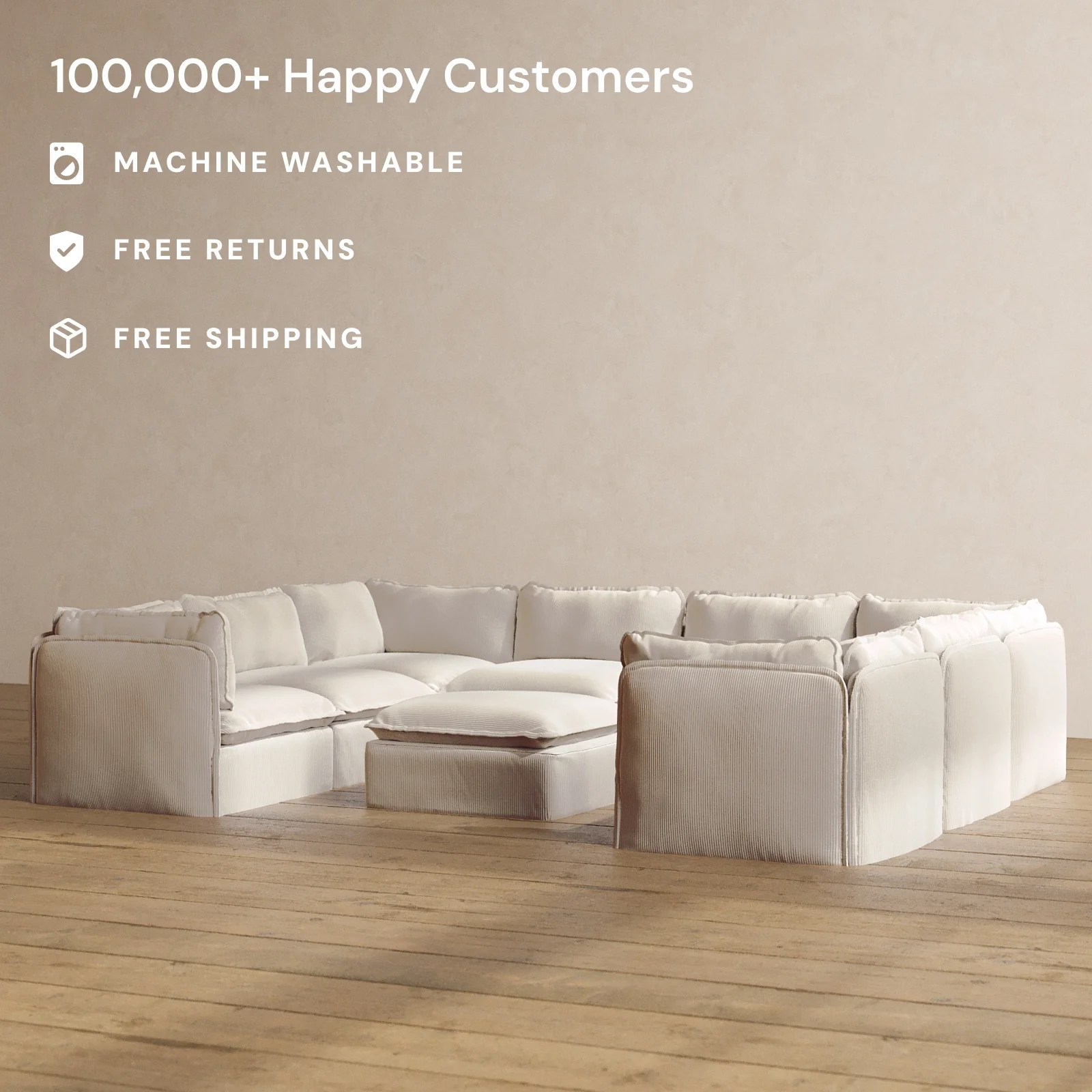 Modular Washable 8-Seater U-Sectional + Ottoman in Milk | Memorix+ Seat | Contour Pillow - Image 2