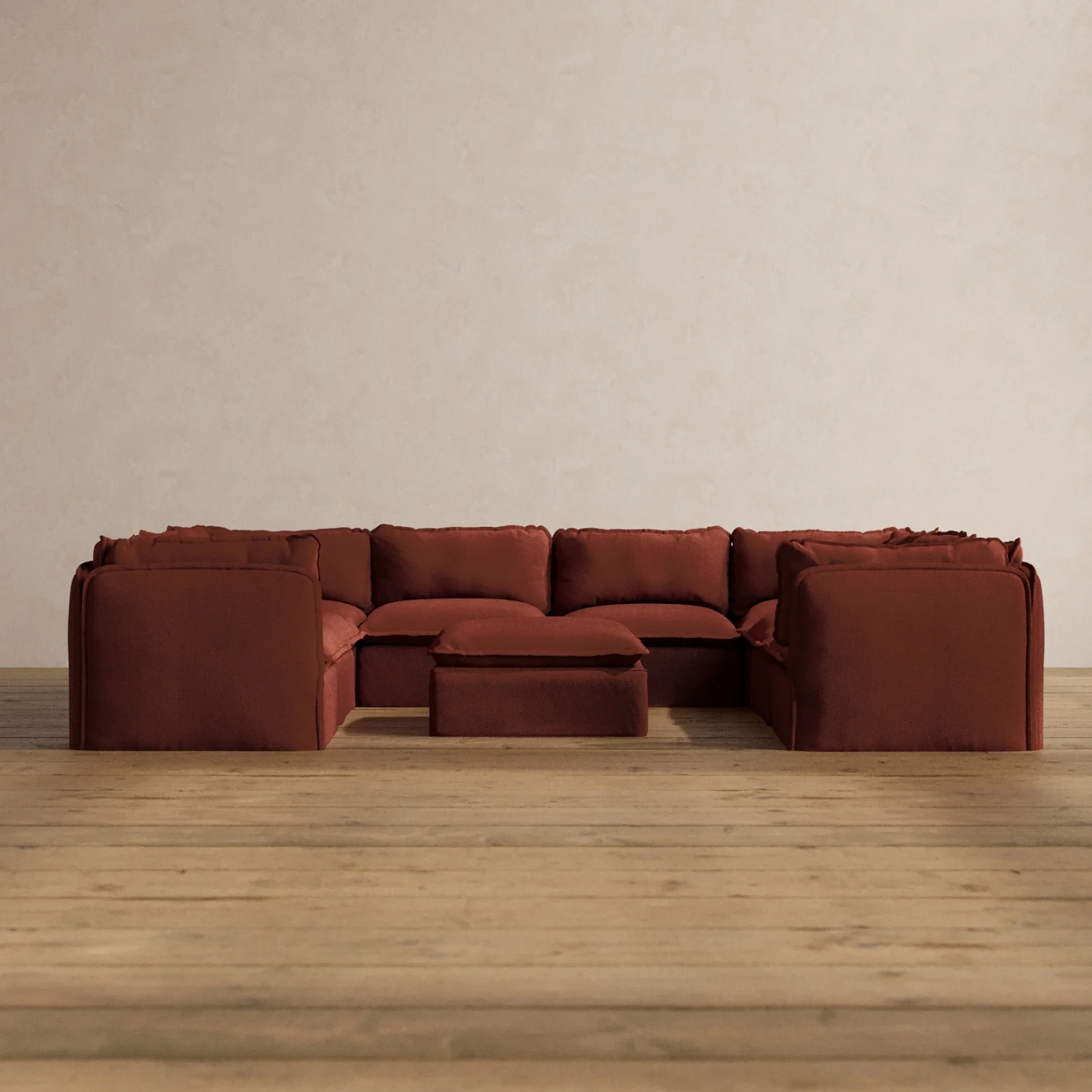 Modular Washable 8-Seater U-Sectional + Ottoman in Rust | Deluxe+ Seat | Cloud Pillow