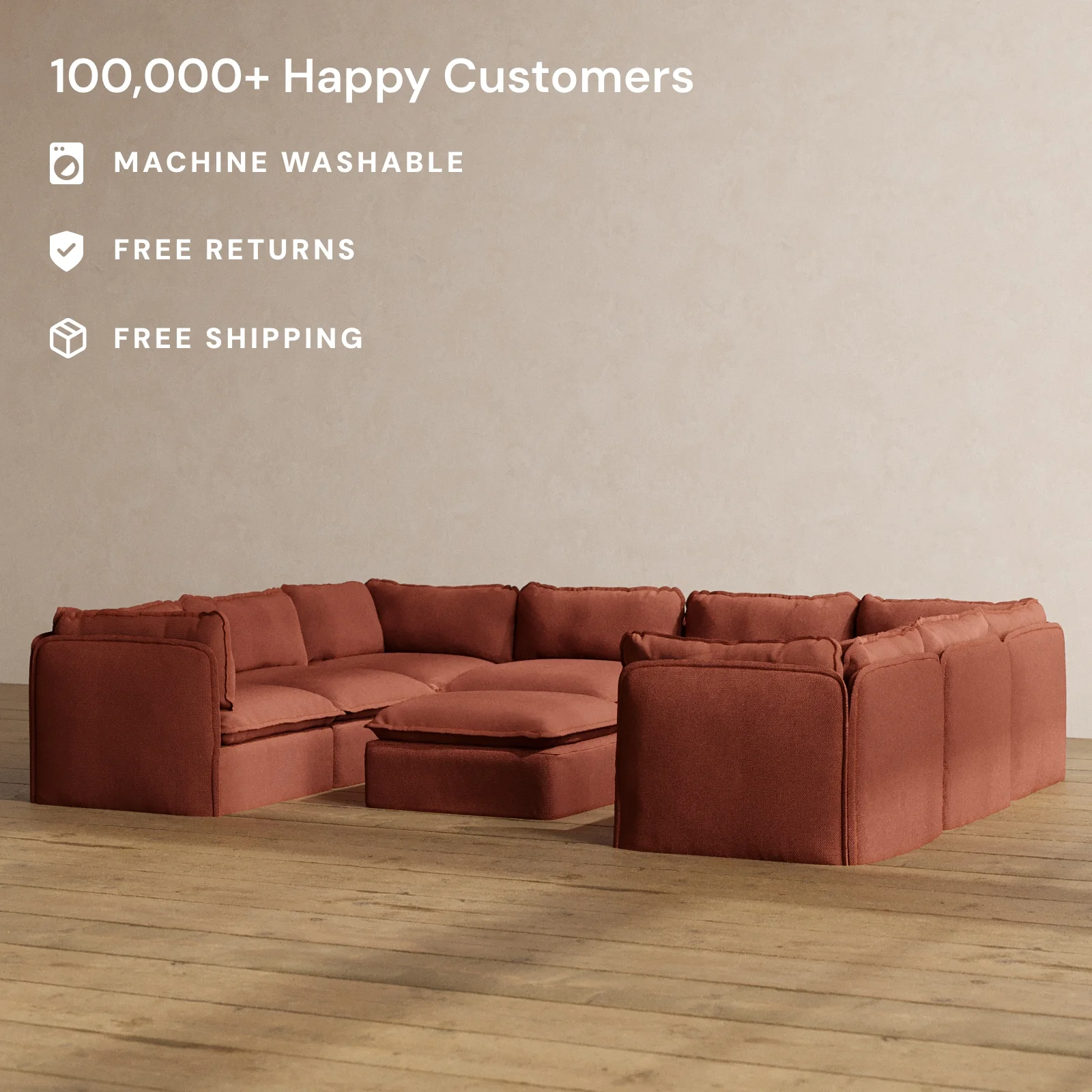 Modular Washable 8-Seater U-Sectional + Ottoman in Rust | Deluxe+ Seat | Cloud Pillow - Image 2