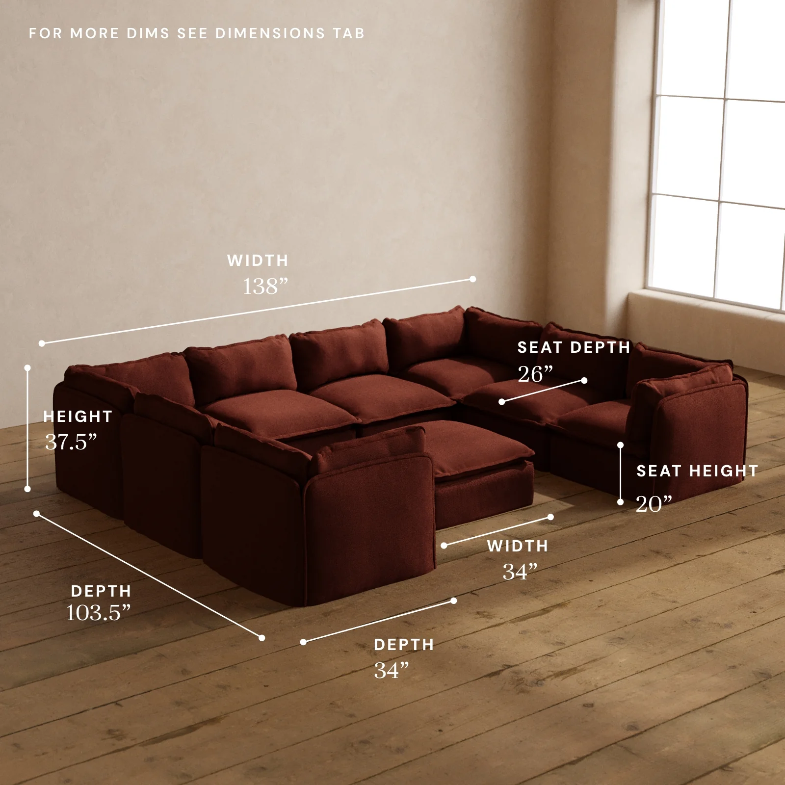 Modular Washable 8-Seater U-Sectional + Ottoman in Rust | Deluxe+ Seat | Cloud Pillow - Image 5