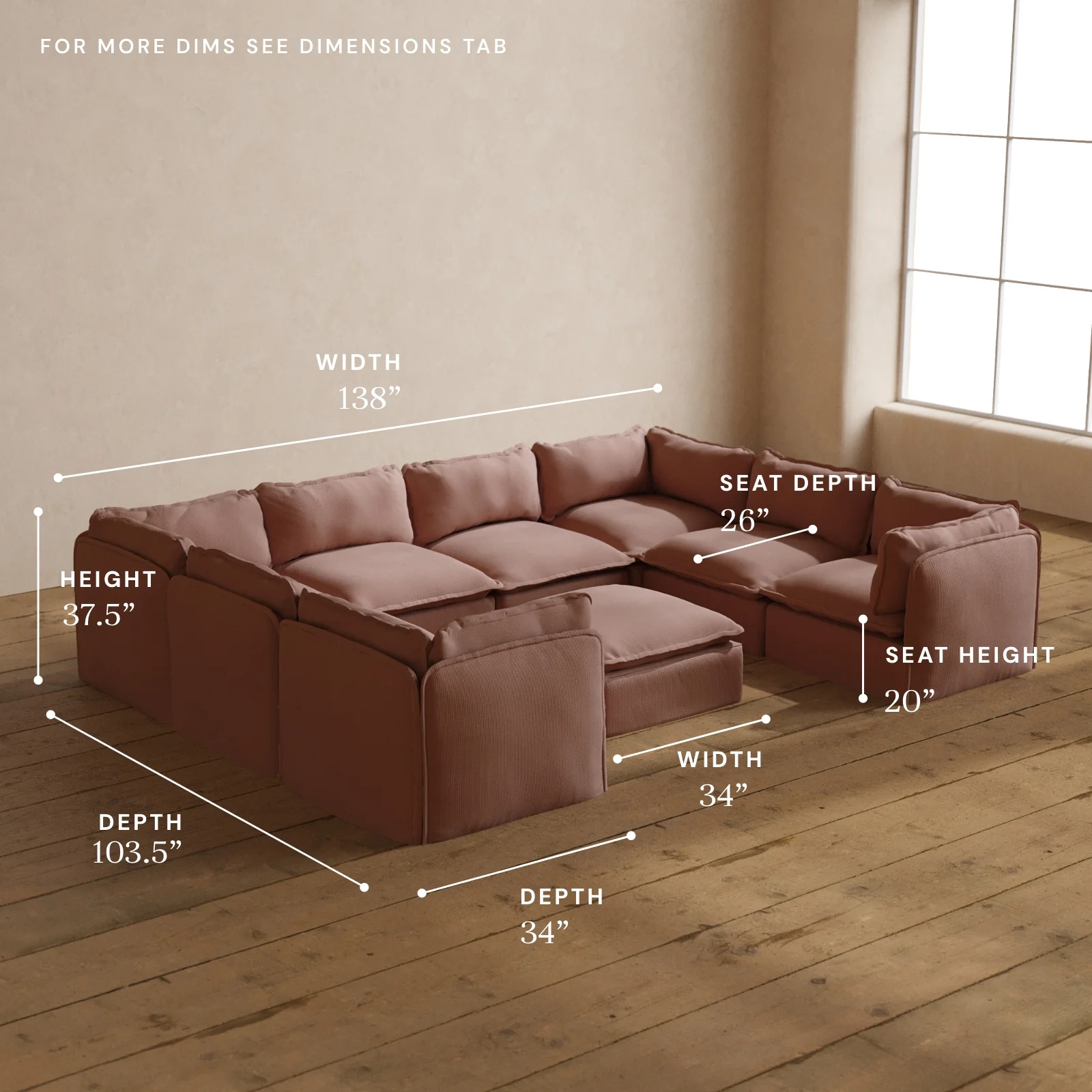 Modular Washable 8-Seater U-Sectional + Ottoman in Sakura | Deluxe+ Seat | Cloud Pillow - Image 5