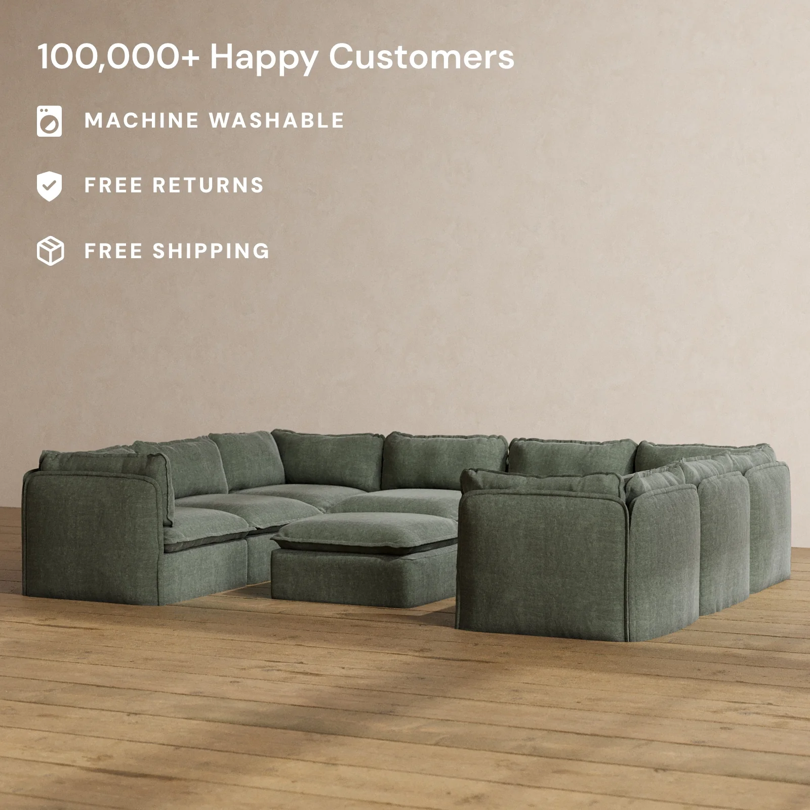 Modular Washable 8-Seater U-Sectional + Ottoman in Willow | Deluxe+ Seat | Cloud Pillow - Image 2