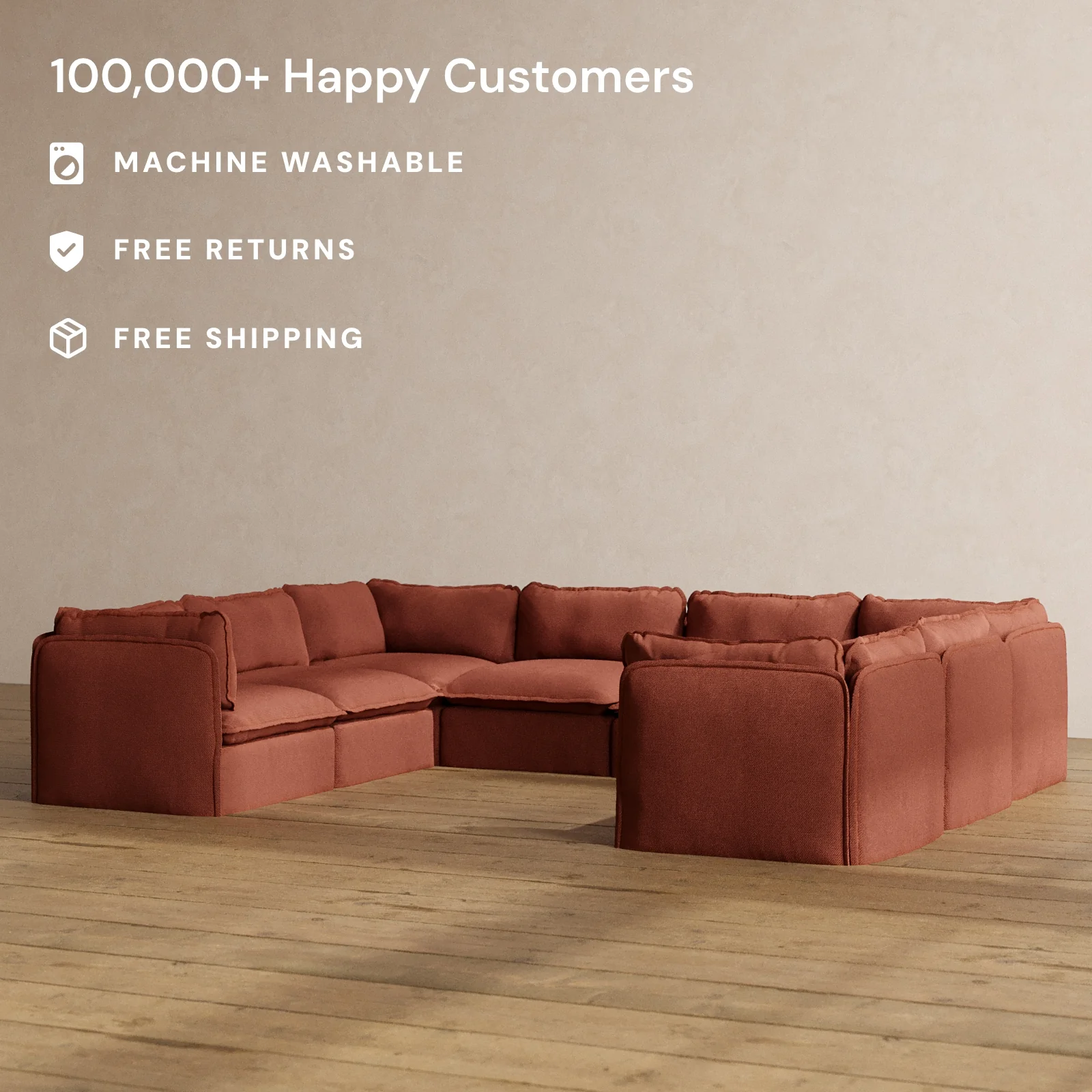 Modular Washable 8-Seater U-Sectional in Rust | Deluxe+ Seat | Cloud Pillow - Image 2