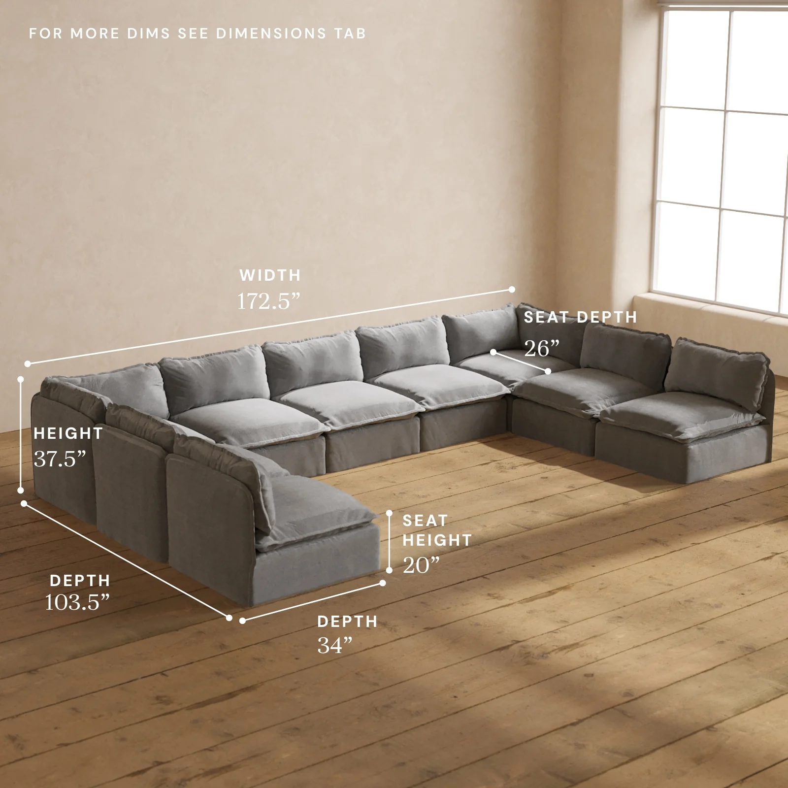 Modular Washable 9-Seater Open-Ends U-Sectional in Ash | Deluxe+ Seat | Cloud Pillow - Image 5