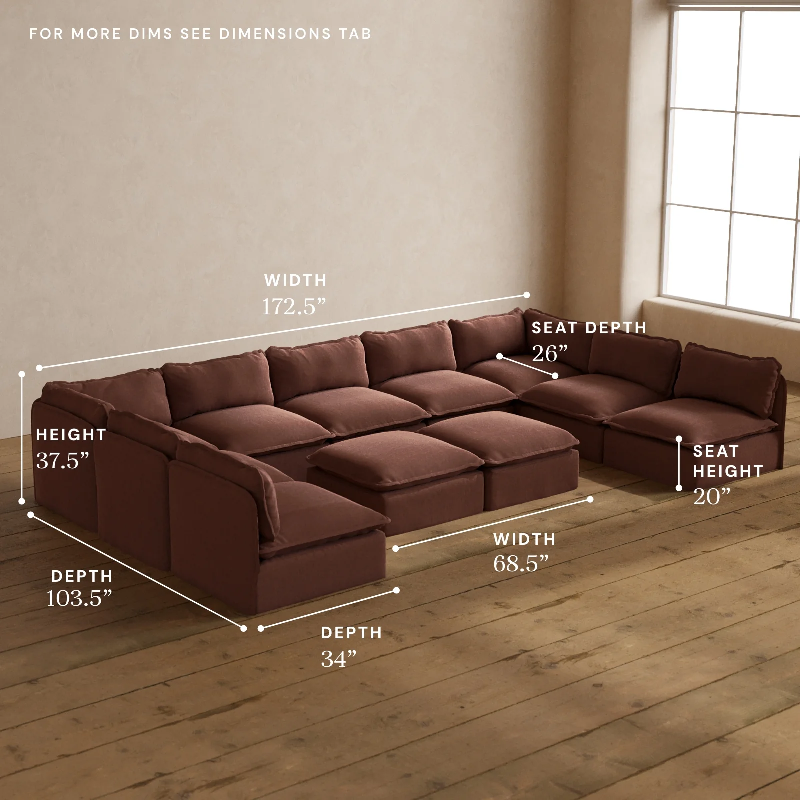 Modular Washable 9-Seater Open-Ends U-Sectional + Bench Ottoman in Chestnut | Memorix+ Seat | Contour Pillow - Image 5