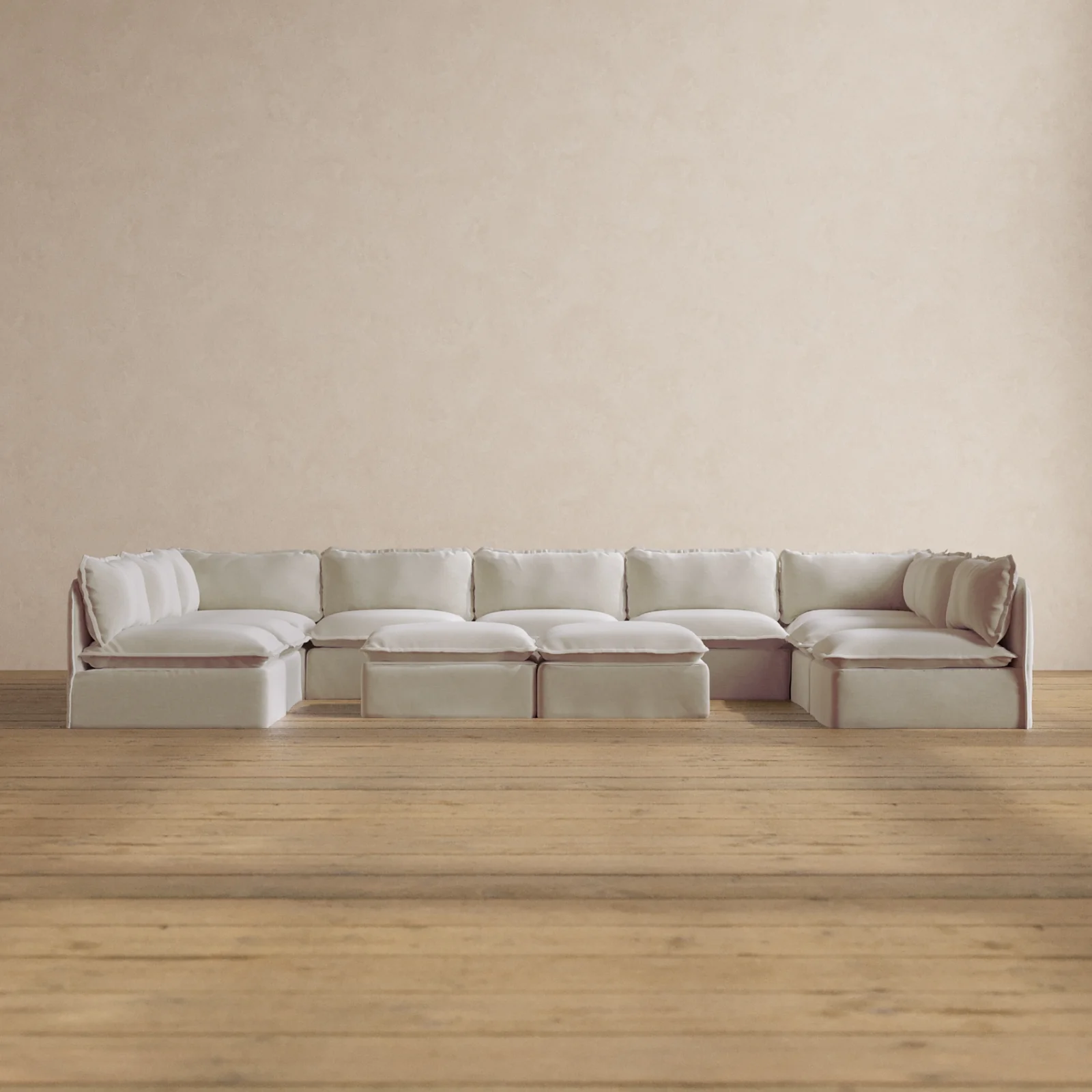 Modular Washable 9-Seater Open-Ends U-Sectional + Bench Ottoman in Coco | Memorix+ Seat | Contour Pillow