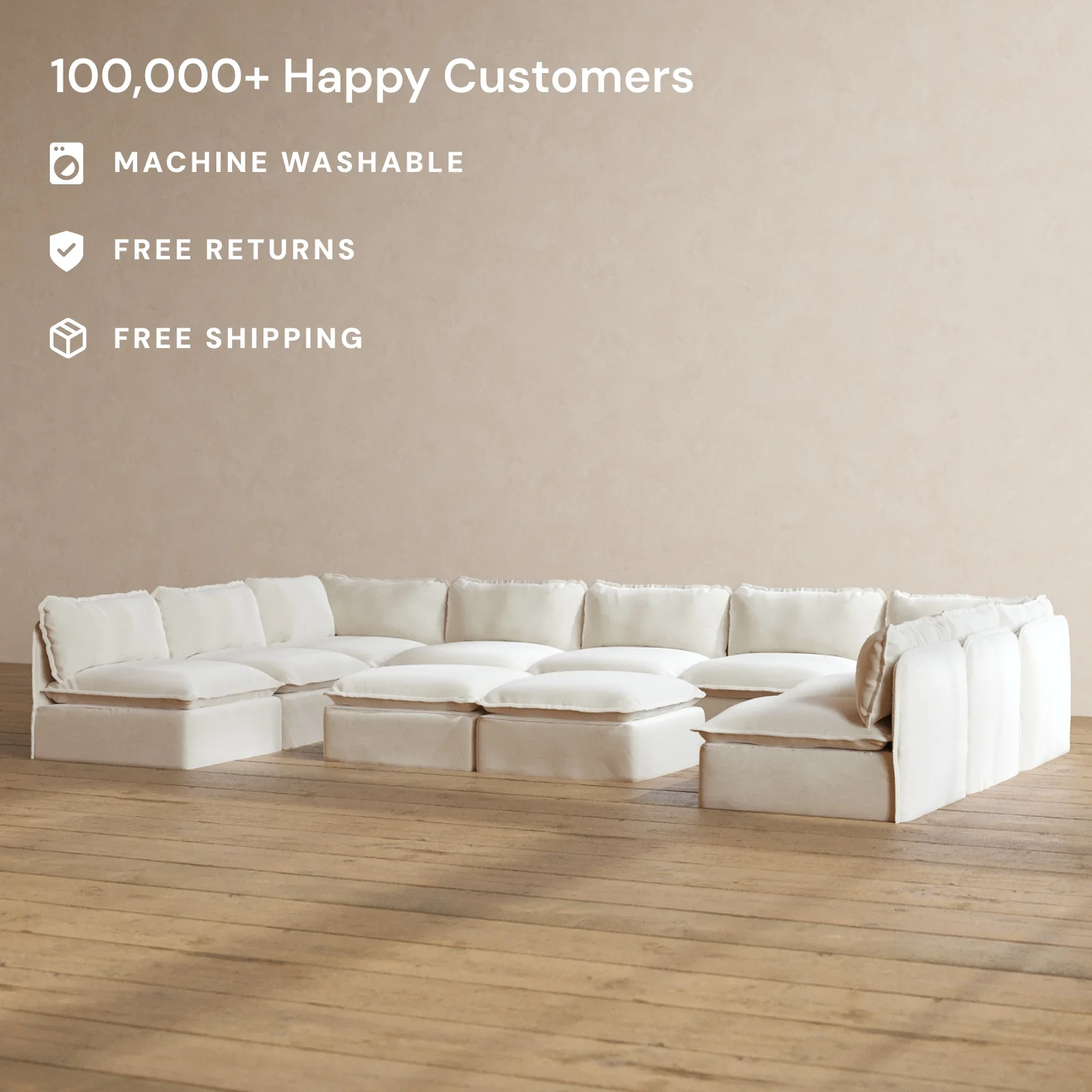 Modular Washable 9-Seater Open-Ends U-Sectional + Bench Ottoman in Coco | Memorix+ Seat | Contour Pillow - Image 2