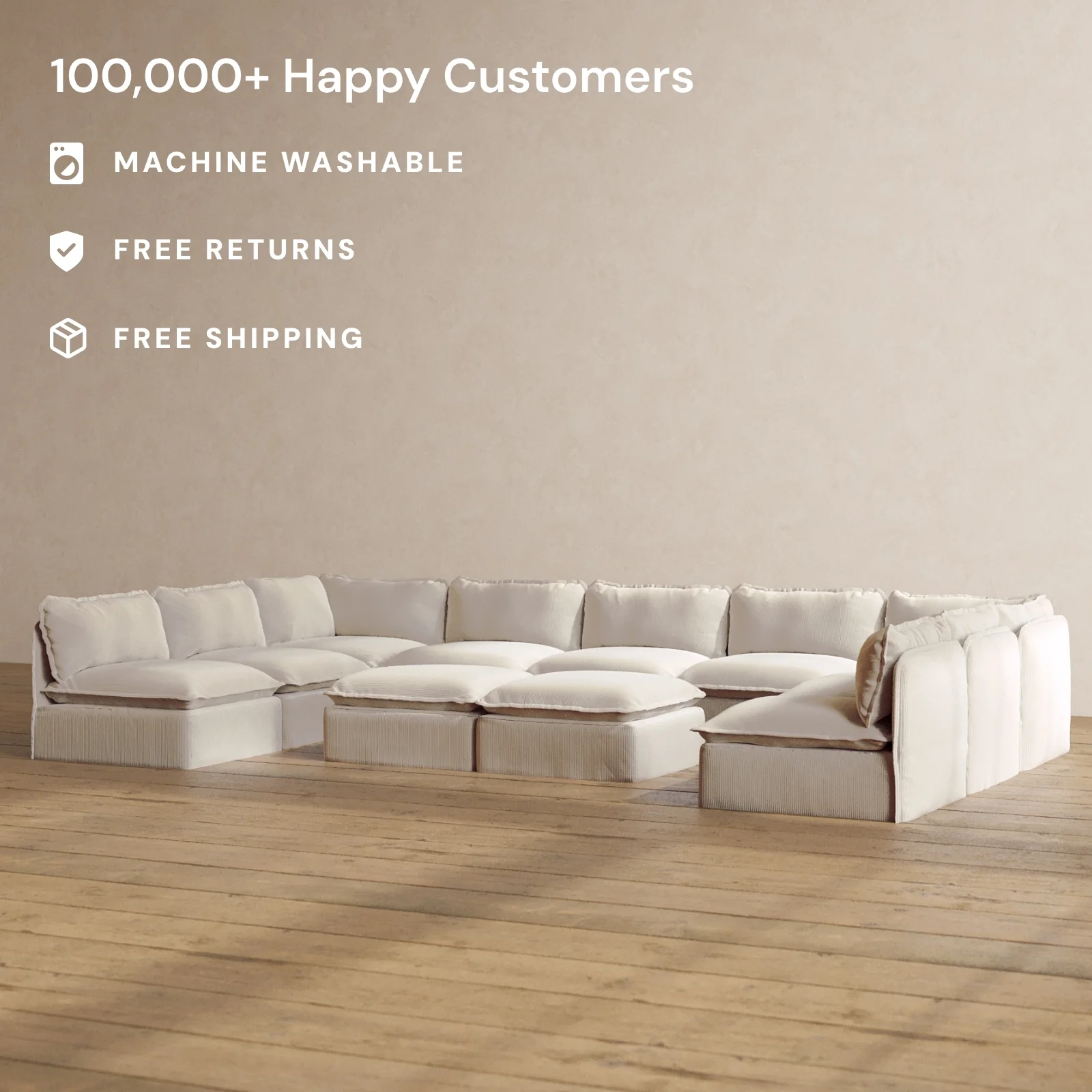 Modular Washable 9-Seater Open-Ends U-Sectional + Bench Ottoman in Milk | Memorix+ Seat | Contour Pillow - Image 2