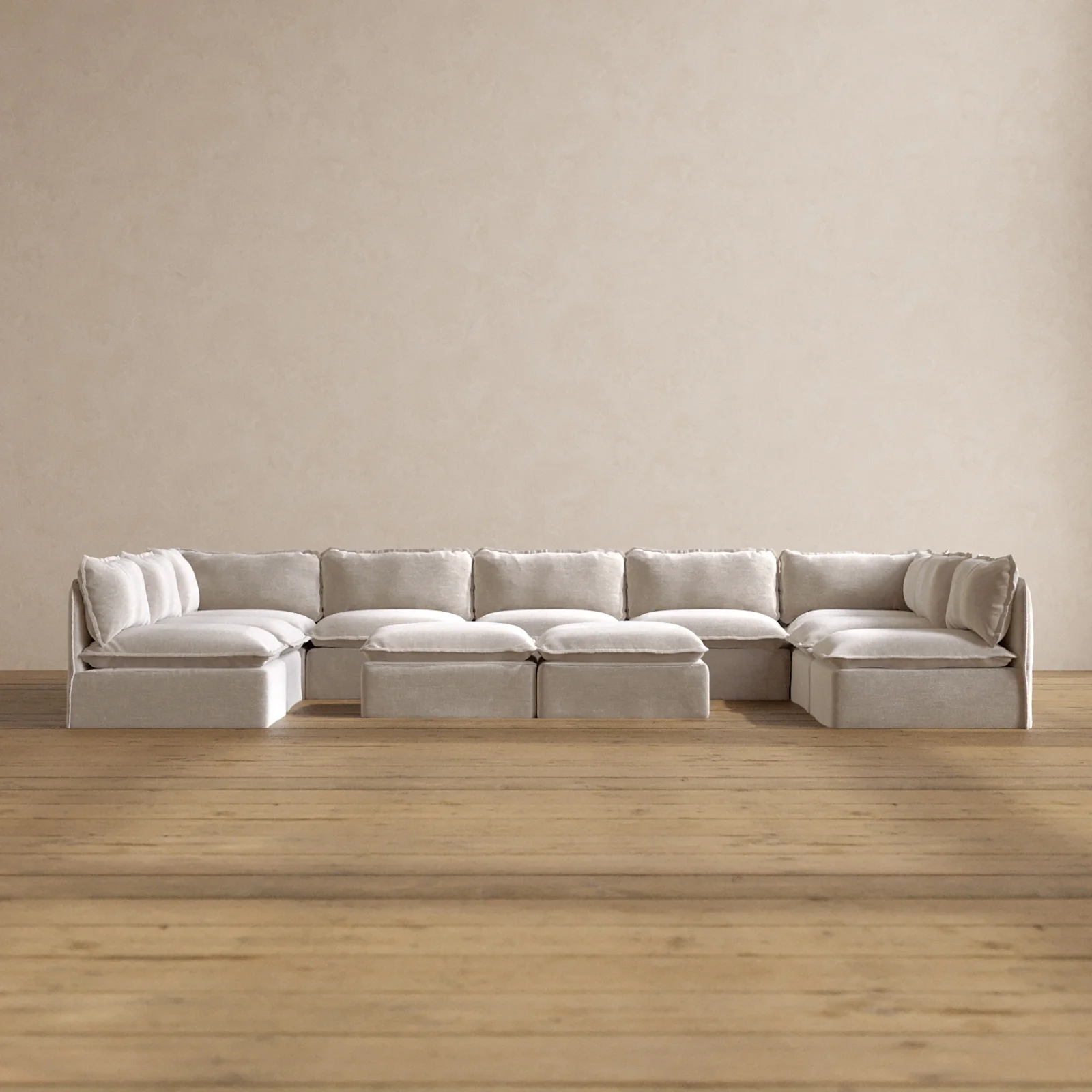 Modular Washable 9-Seater Open-Ends U-Sectional + Bench Ottoman in Mist | Deluxe+ Seat | Cloud Pillow