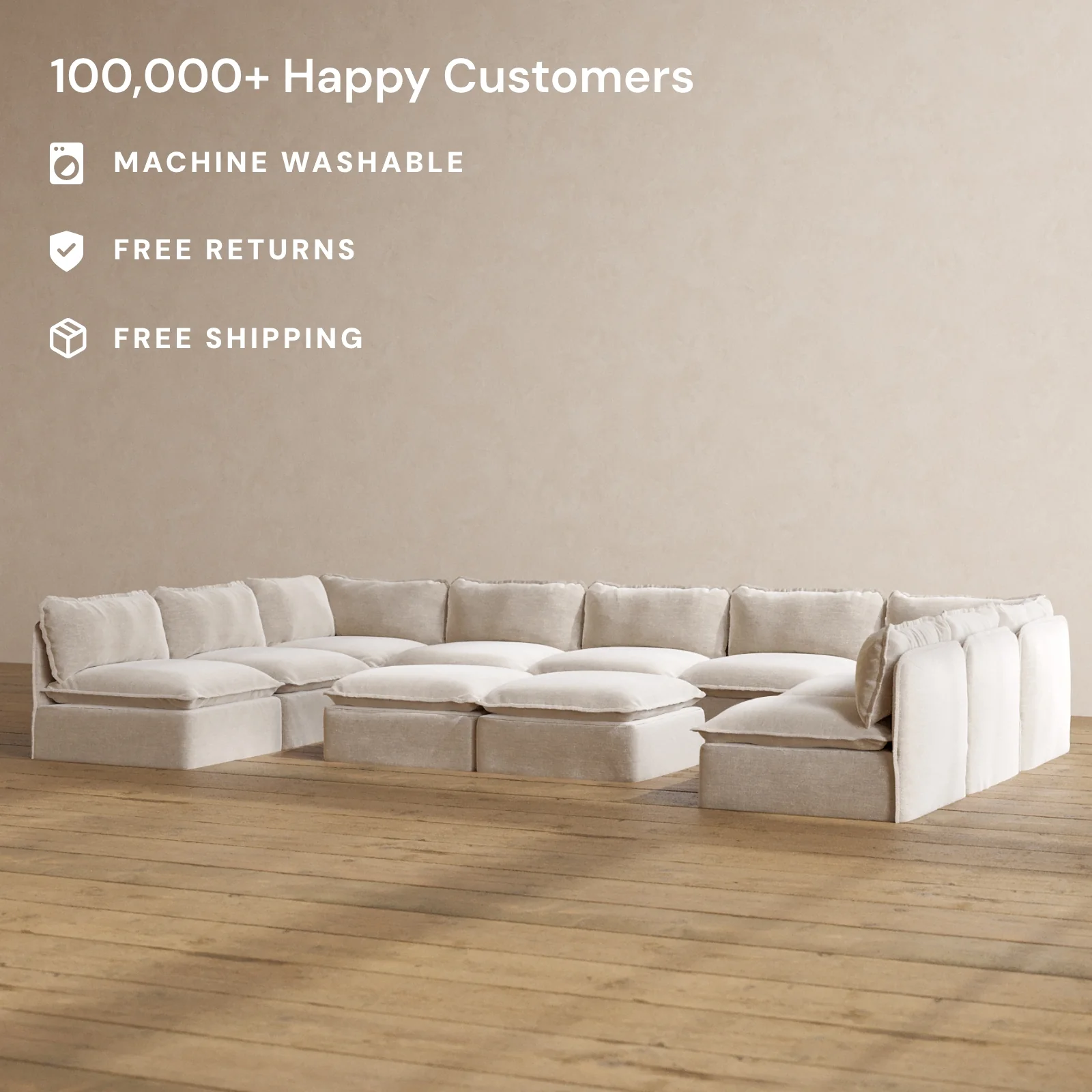 Modular Washable 9-Seater Open-Ends U-Sectional + Bench Ottoman in Mist | Memorix+ Seat | Contour Pillow - Image 2