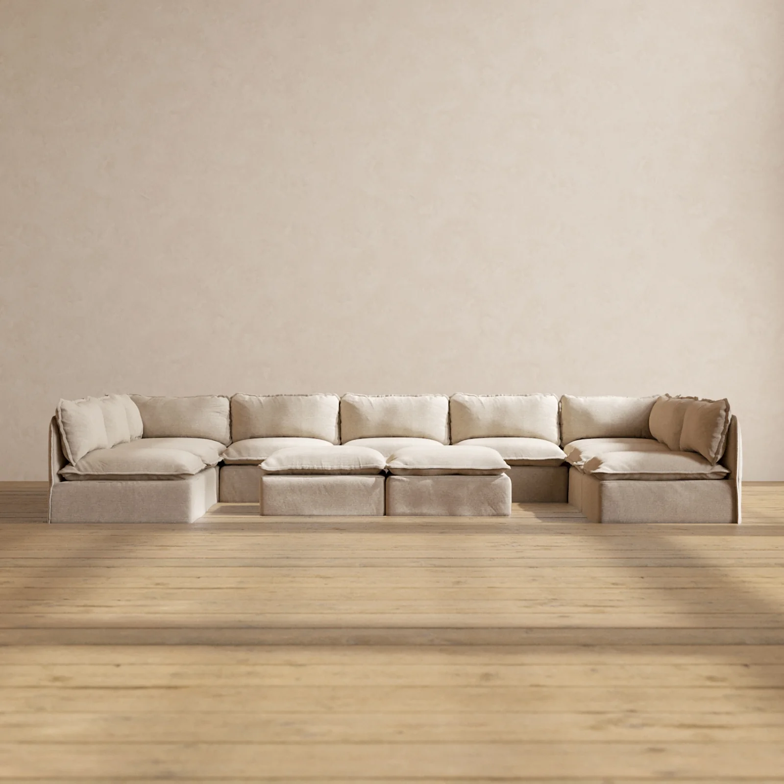 Modular Washable 9-Seater Open-Ends U-Sectional + Bench Ottoman in Oat | Memorix+ Seat | Contour Pillow