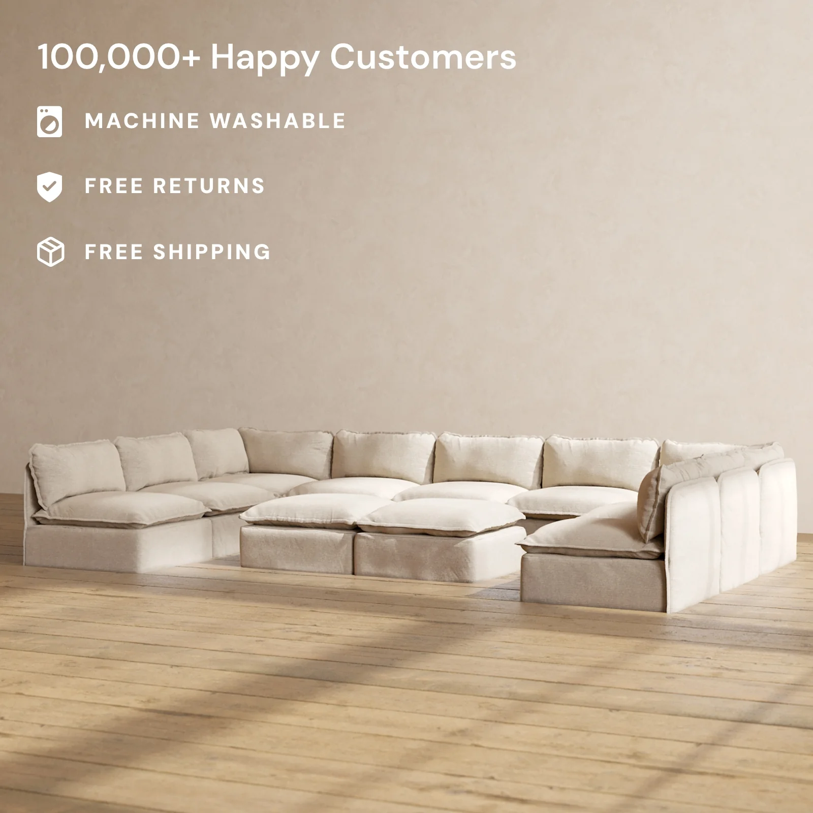 Modular Washable 9-Seater Open-Ends U-Sectional + Bench Ottoman in Oat | Memorix+ Seat | Contour Pillow - Image 2