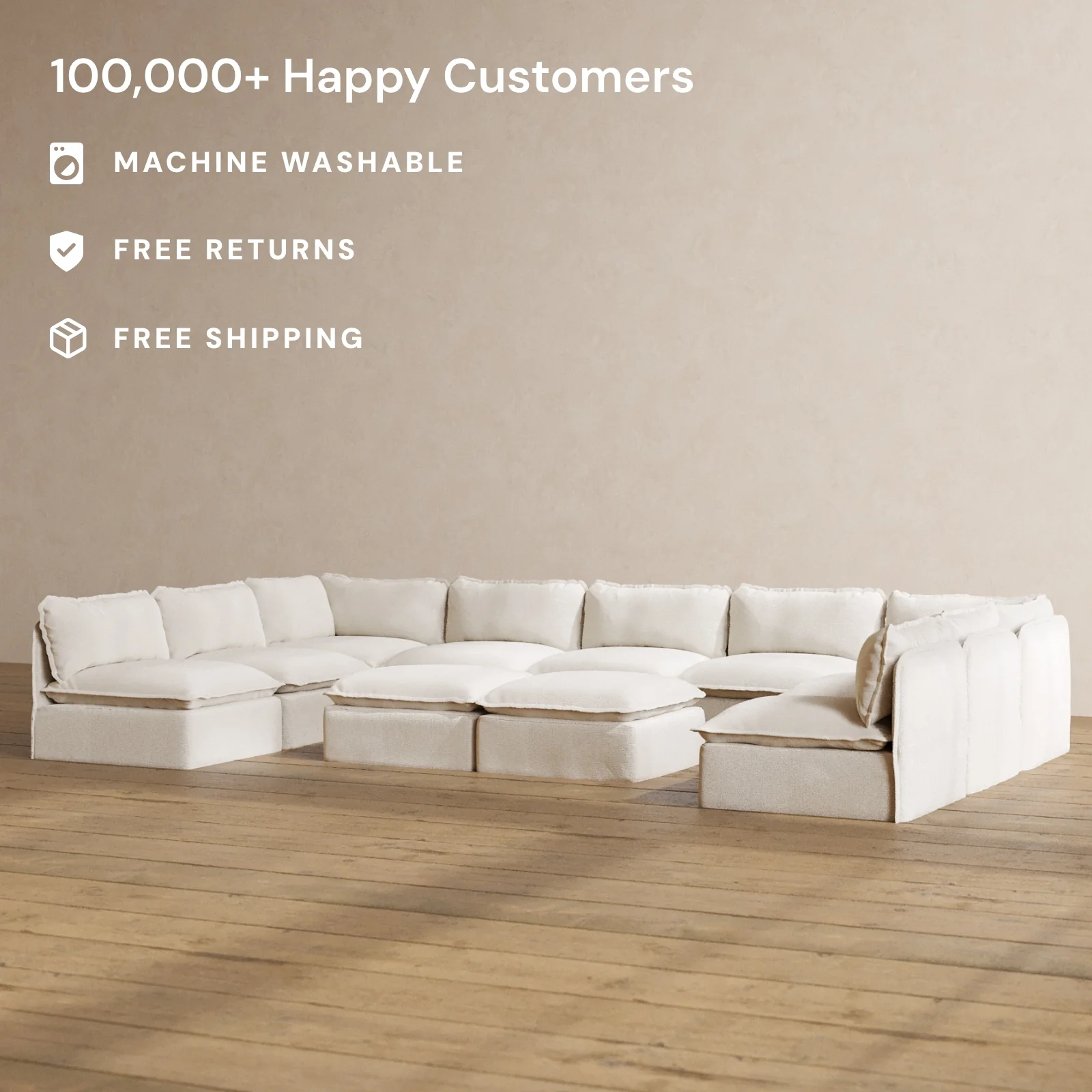 Modular Washable 9-Seater Open-Ends U-Sectional + Bench Ottoman in Powder | Memorix+ Seat | Contour Pillow - Image 2