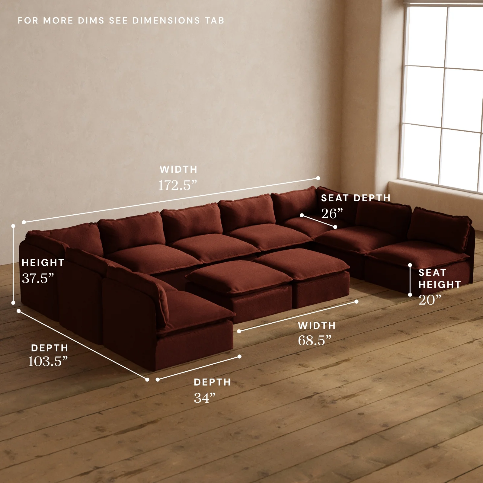 Modular Washable 9-Seater Open-Ends U-Sectional + Bench Ottoman in Rust | Deluxe+ Seat | Cloud Pillow - Image 5