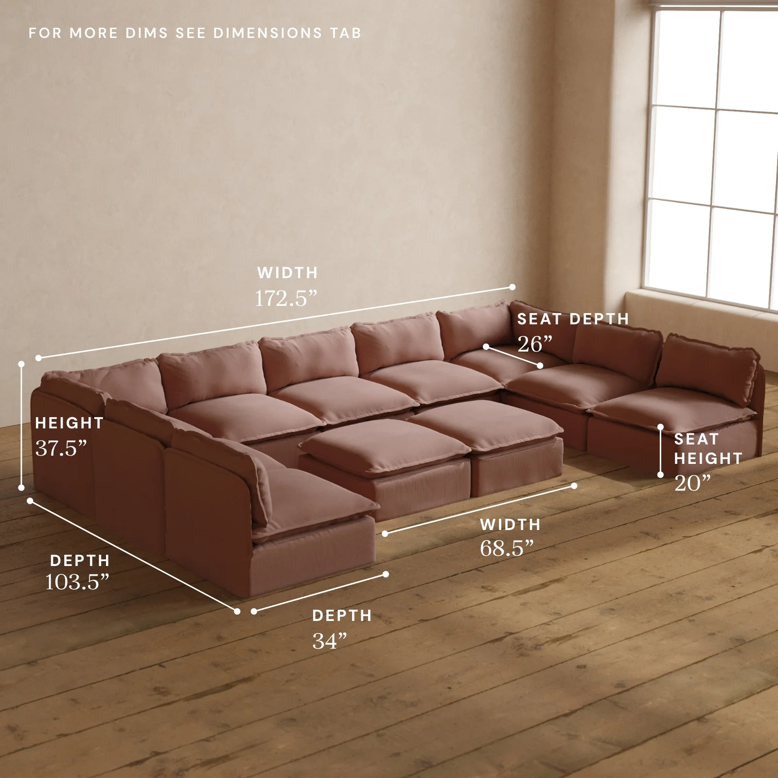 Modular Washable 9-Seater Open-Ends U-Sectional + Bench Ottoman in Sakura | Deluxe+ Seat | Cloud Pillow - Image 5