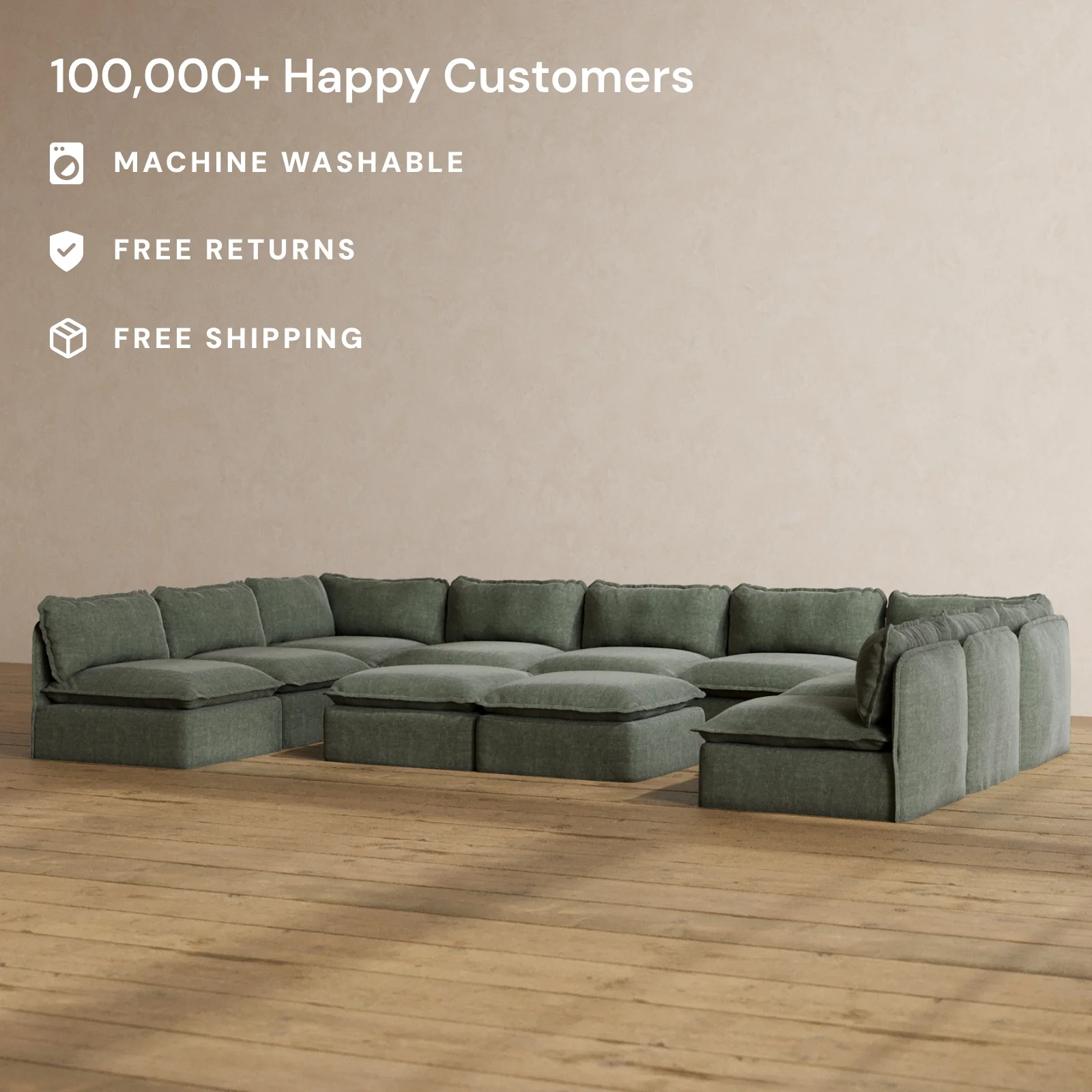 Modular Washable 9-Seater Open-Ends U-Sectional + Bench Ottoman in Willow | Deluxe+ Seat | Cloud Pillow - Image 2