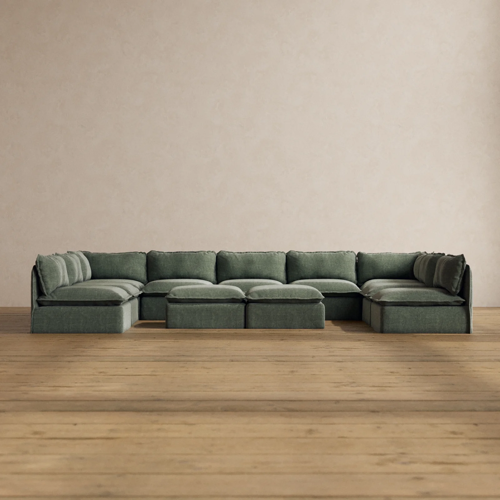 Modular Washable 9-Seater Open-Ends U-Sectional + Bench Ottoman in Willow | Memorix+ Seat | Contour Pillow