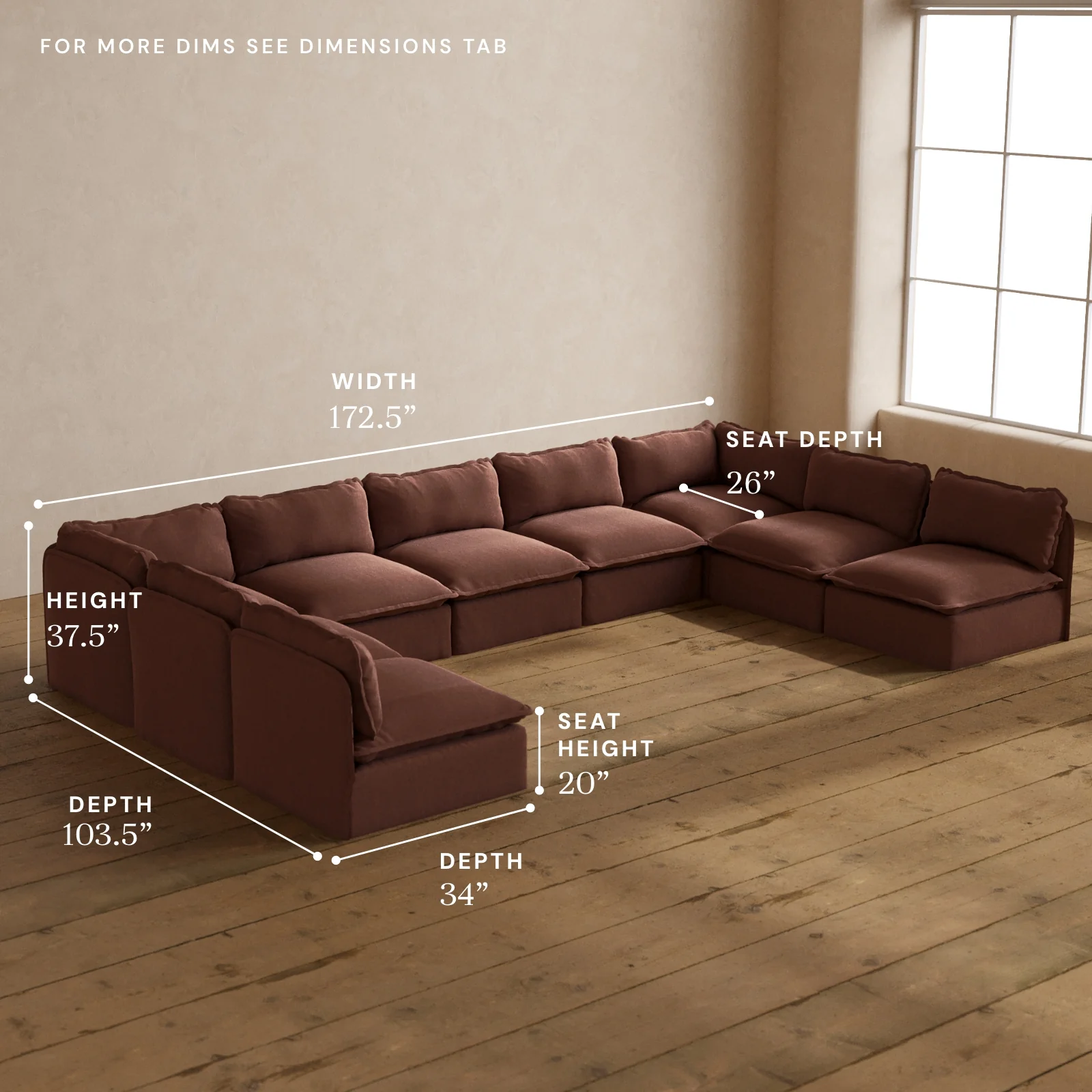 Modular Washable 9-Seater Open-Ends U-Sectional in Chestnut | Deluxe+ Seat | Cloud Pillow - Image 5